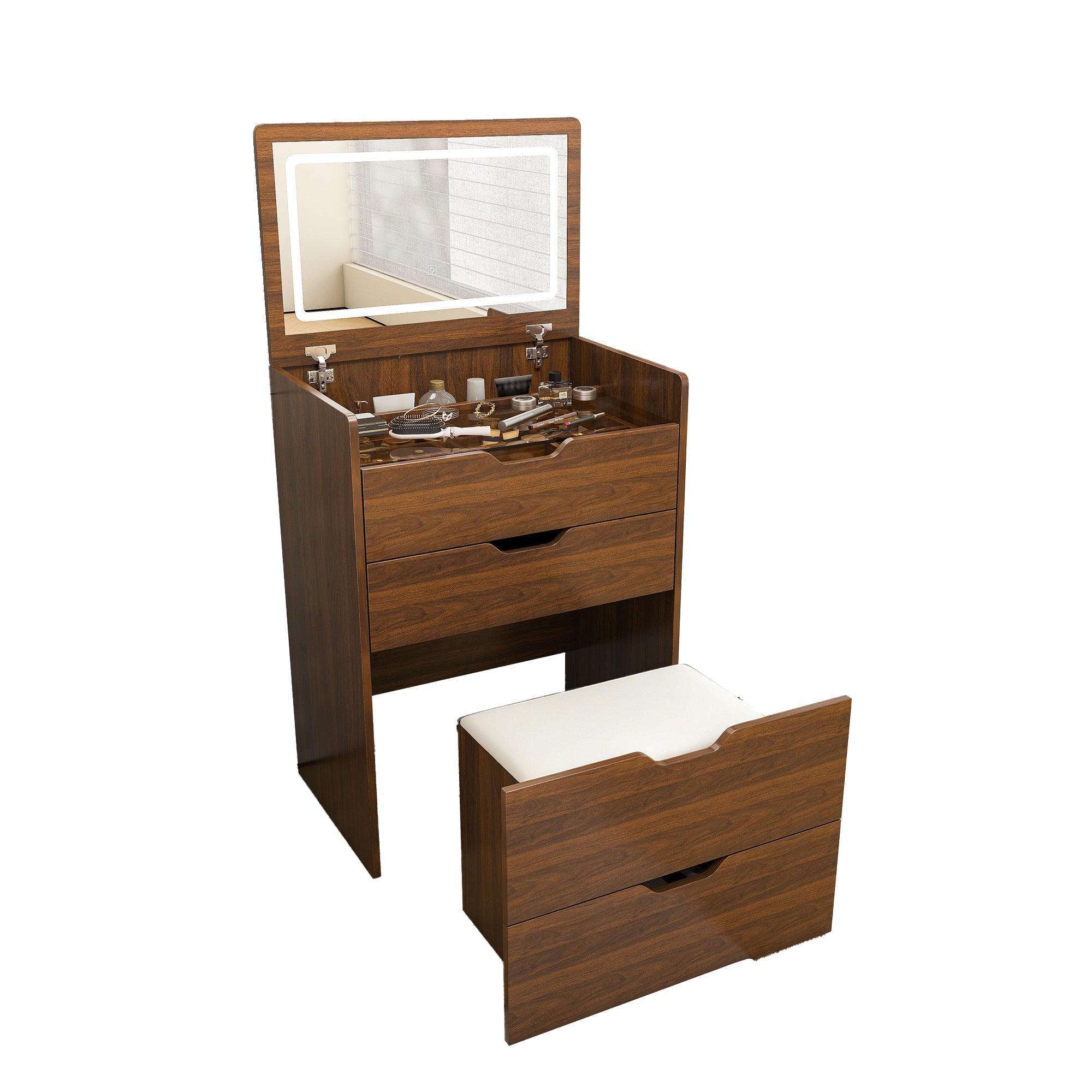 3-in-1 Vanity Desk with Lighted Mirror and Storage Stool