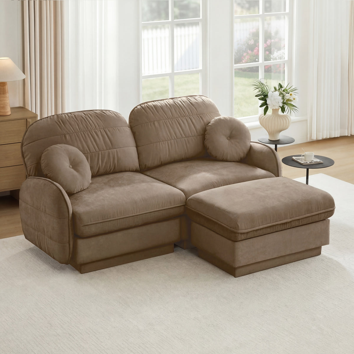 Brown Chenille Sectional Couch with Ottoman, Quilted Back