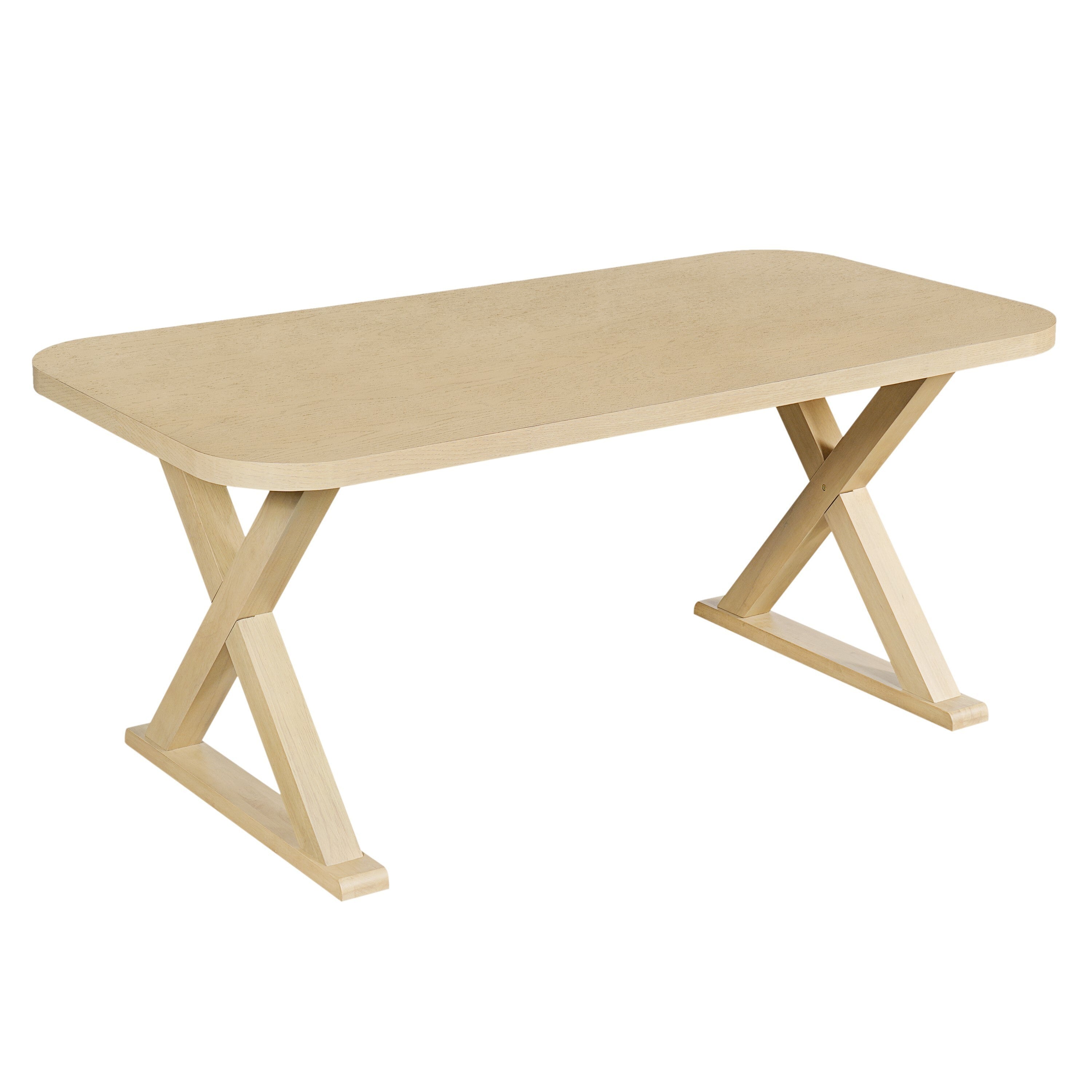Three-quarter studio view of the natural oak veneer dining table with X-shaped legs, white background