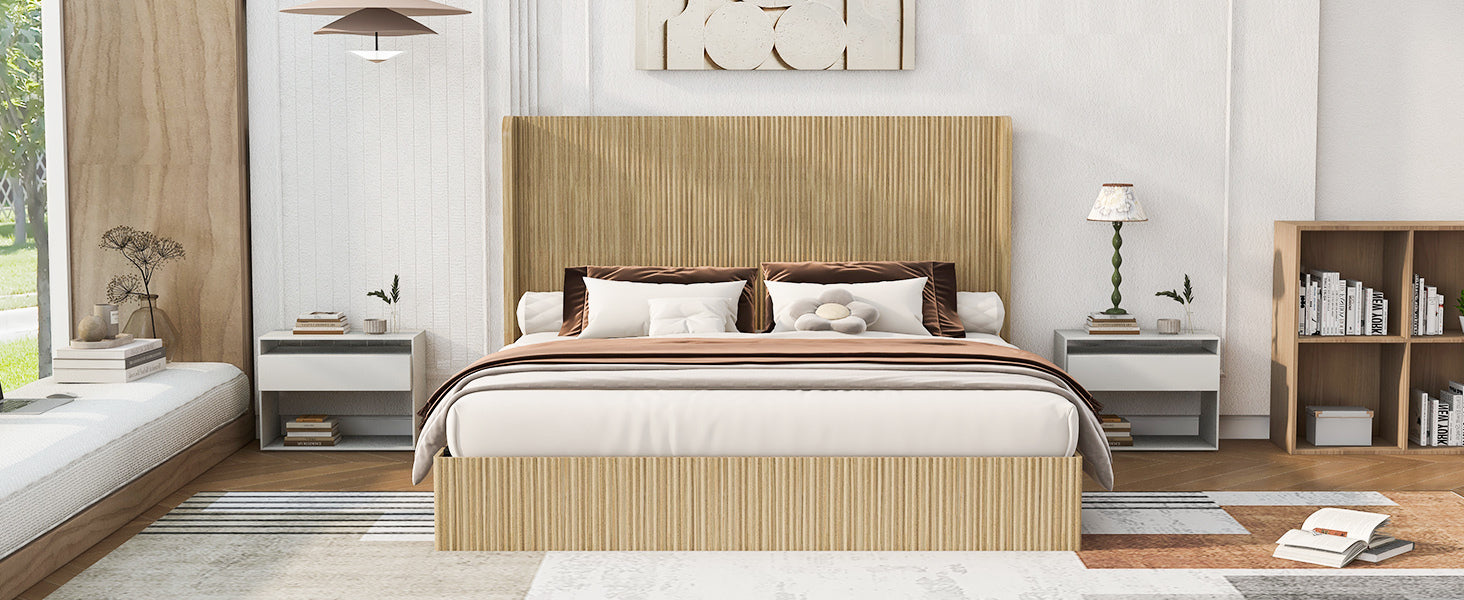Wide shot of fluted wood king bed frame between two nightstands