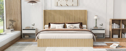 Wide shot of fluted wood king bed frame between two nightstands