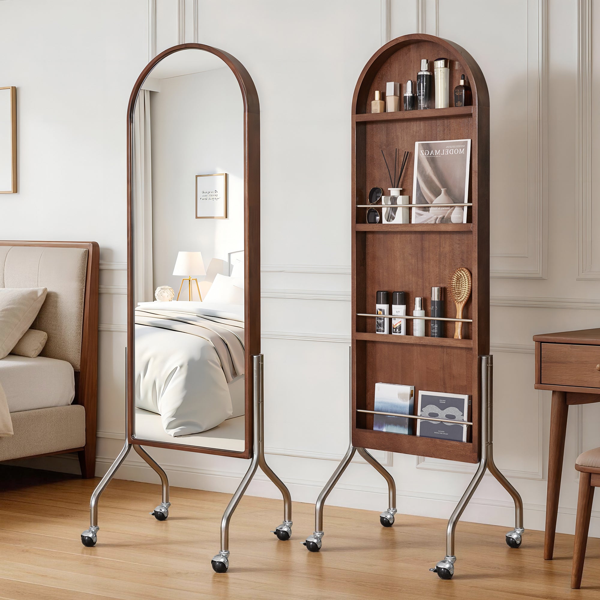 Arched Standing Mirror with Shelves, 66.14 in, Walnut