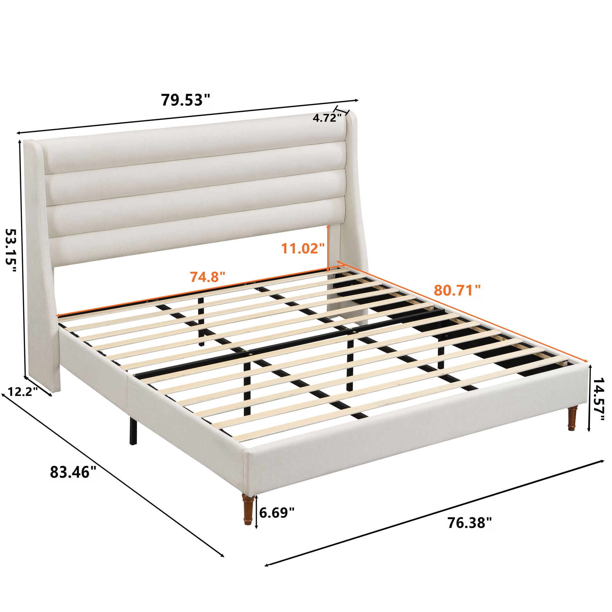Front view of ivory king bed with wave-shaped headboard