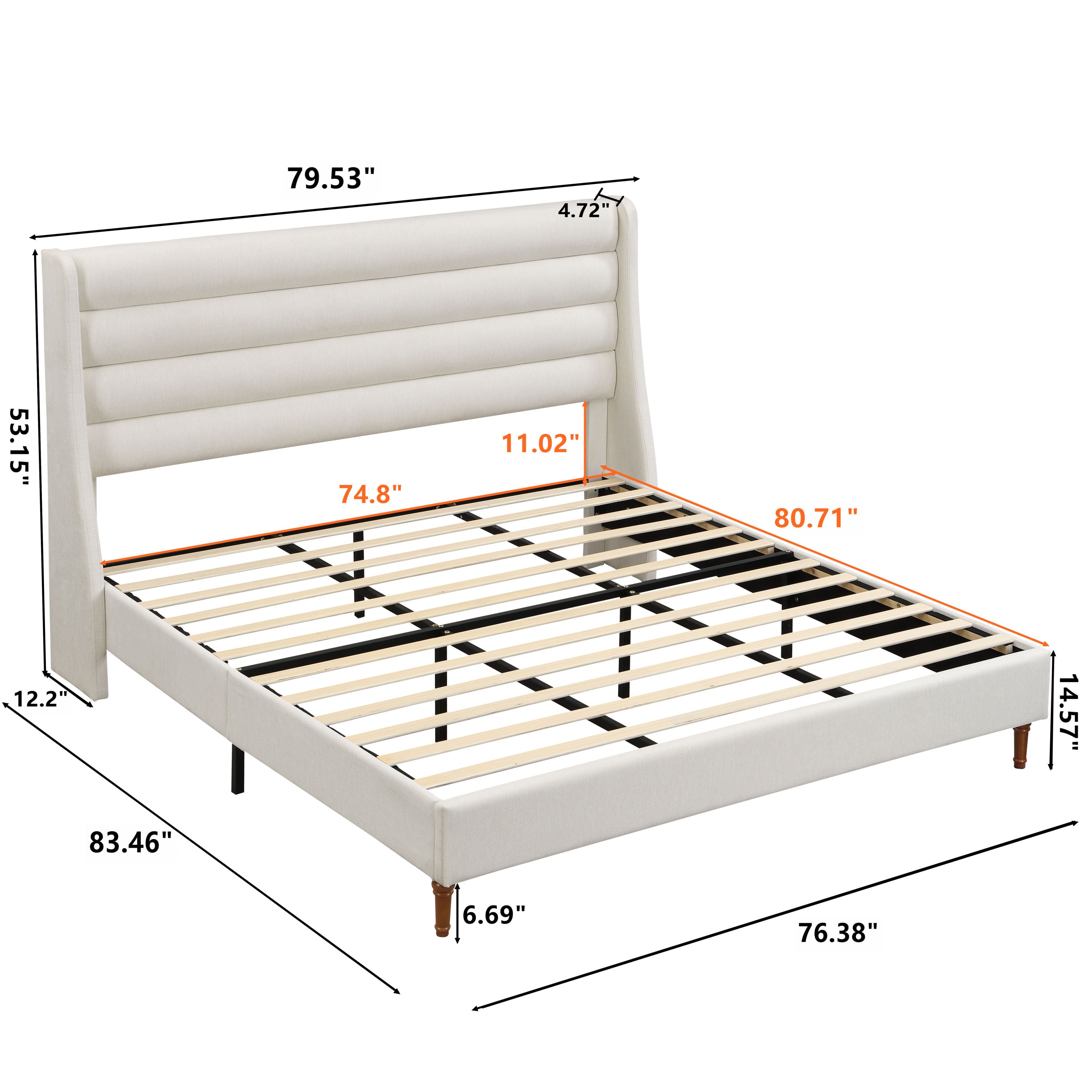 Front view of ivory king bed with wave-shaped headboard
