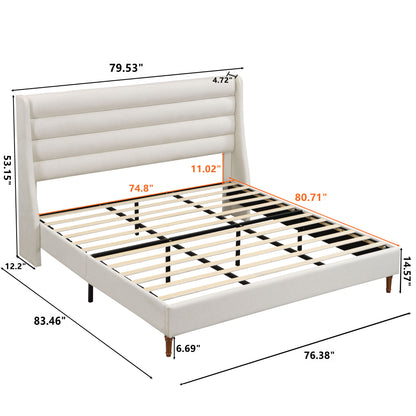 Front view of ivory king bed with wave-shaped headboard