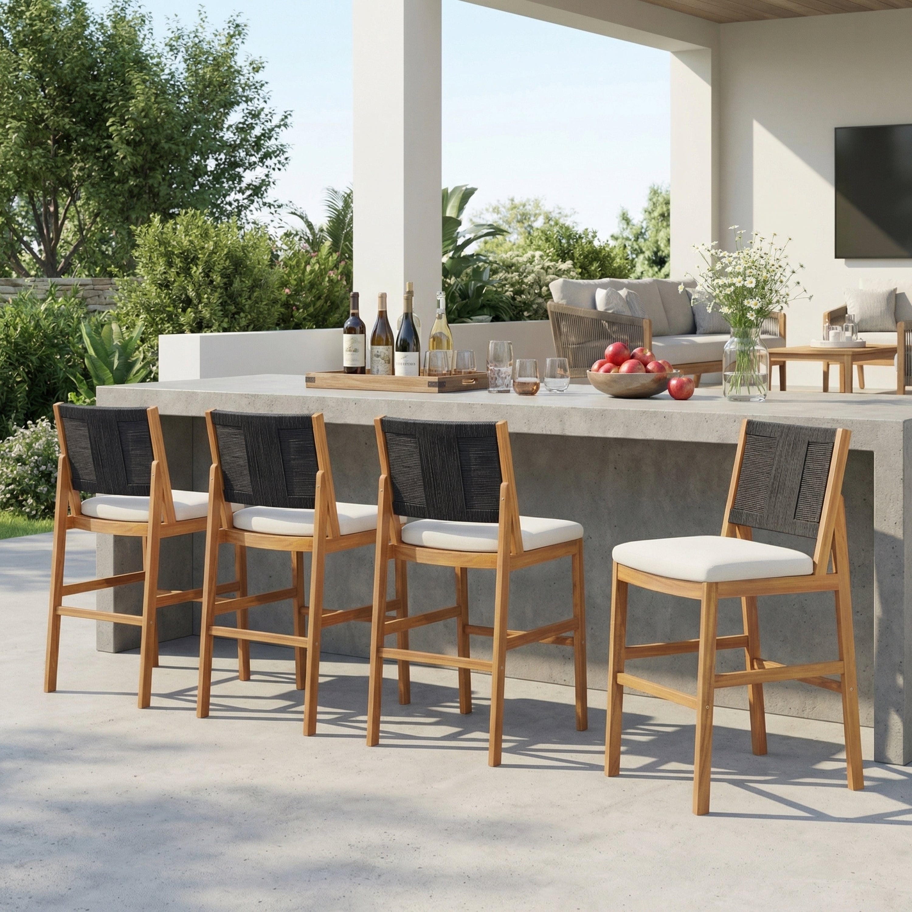 Outdoor Bar Stools Set of 4, Acacia Wood, Black Woven Wicker Back