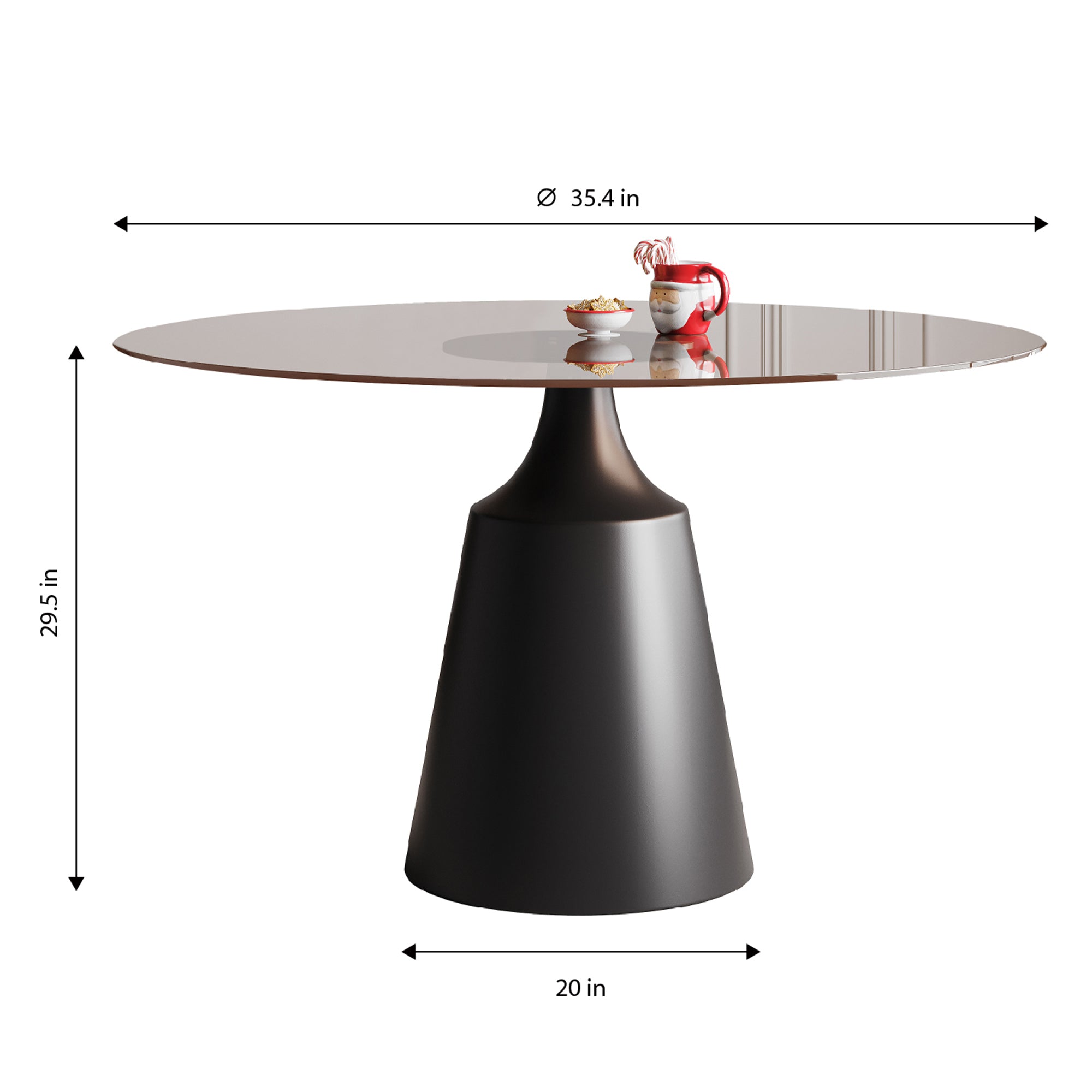 Dimension diagram of the round glass table: 35.4 inch top, 29.5 inch height, 20 inch base