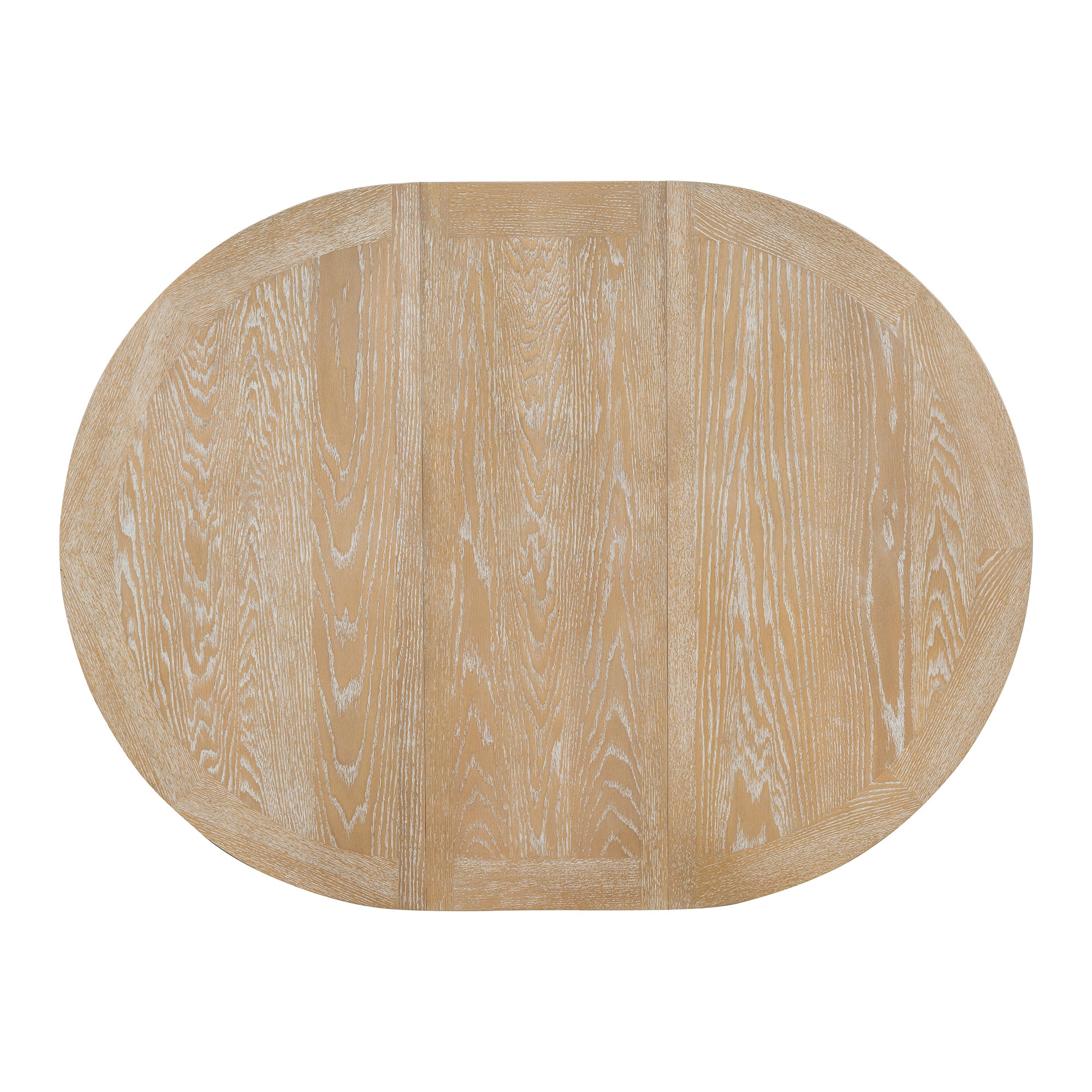 Overhead view of the natural oak tabletop extended to an oval shape