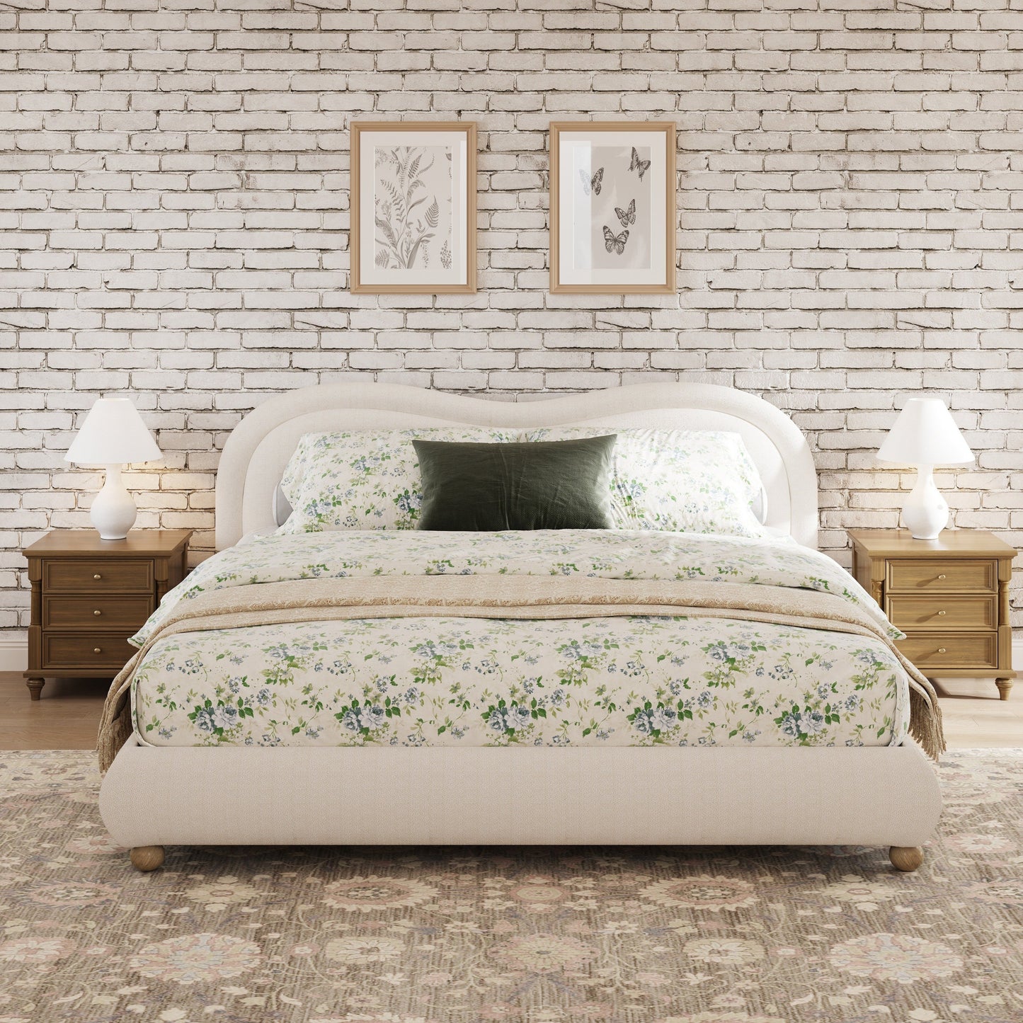 Close-up of curved headboard top edge and chenille fabric texture