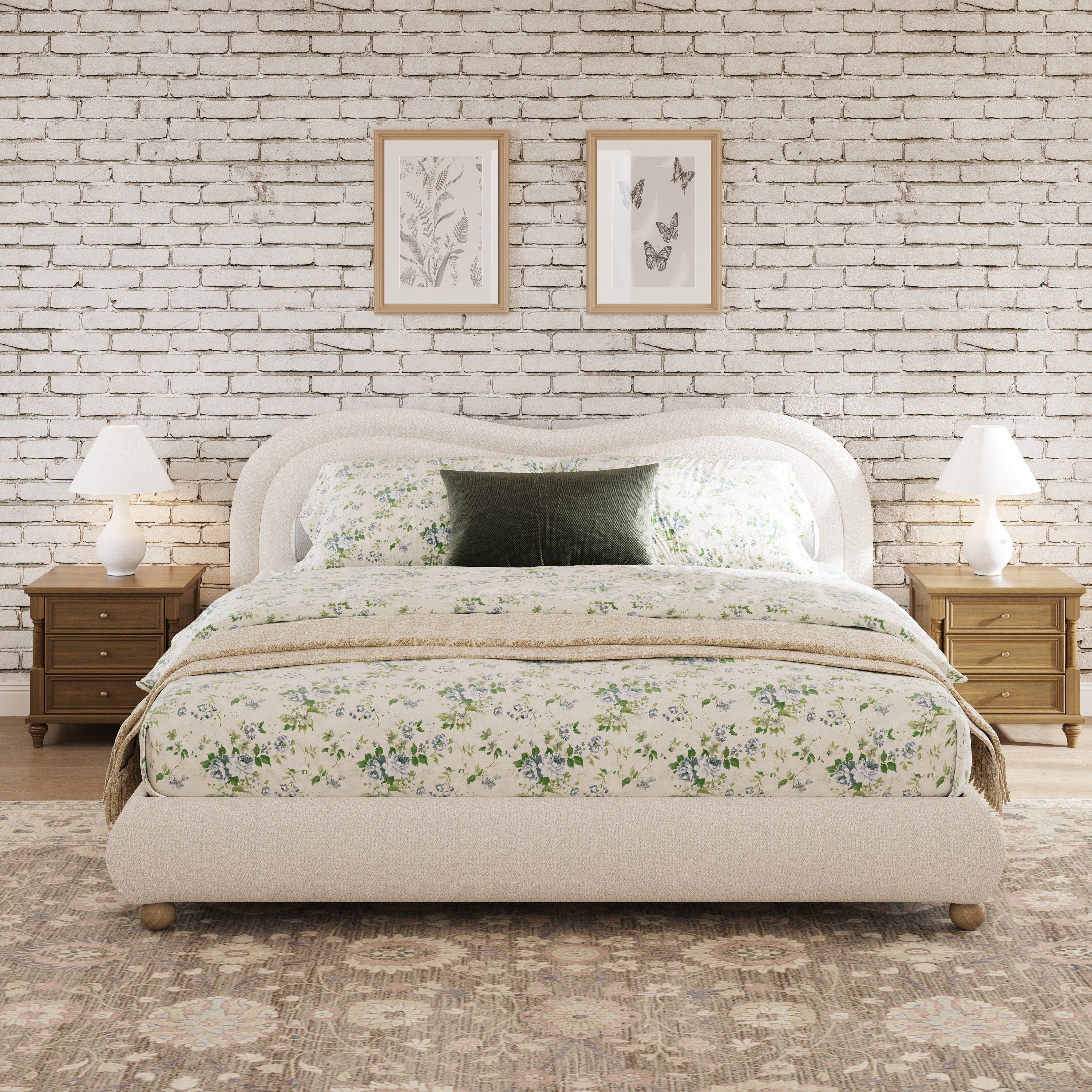Close-up of curved headboard top edge and chenille fabric texture