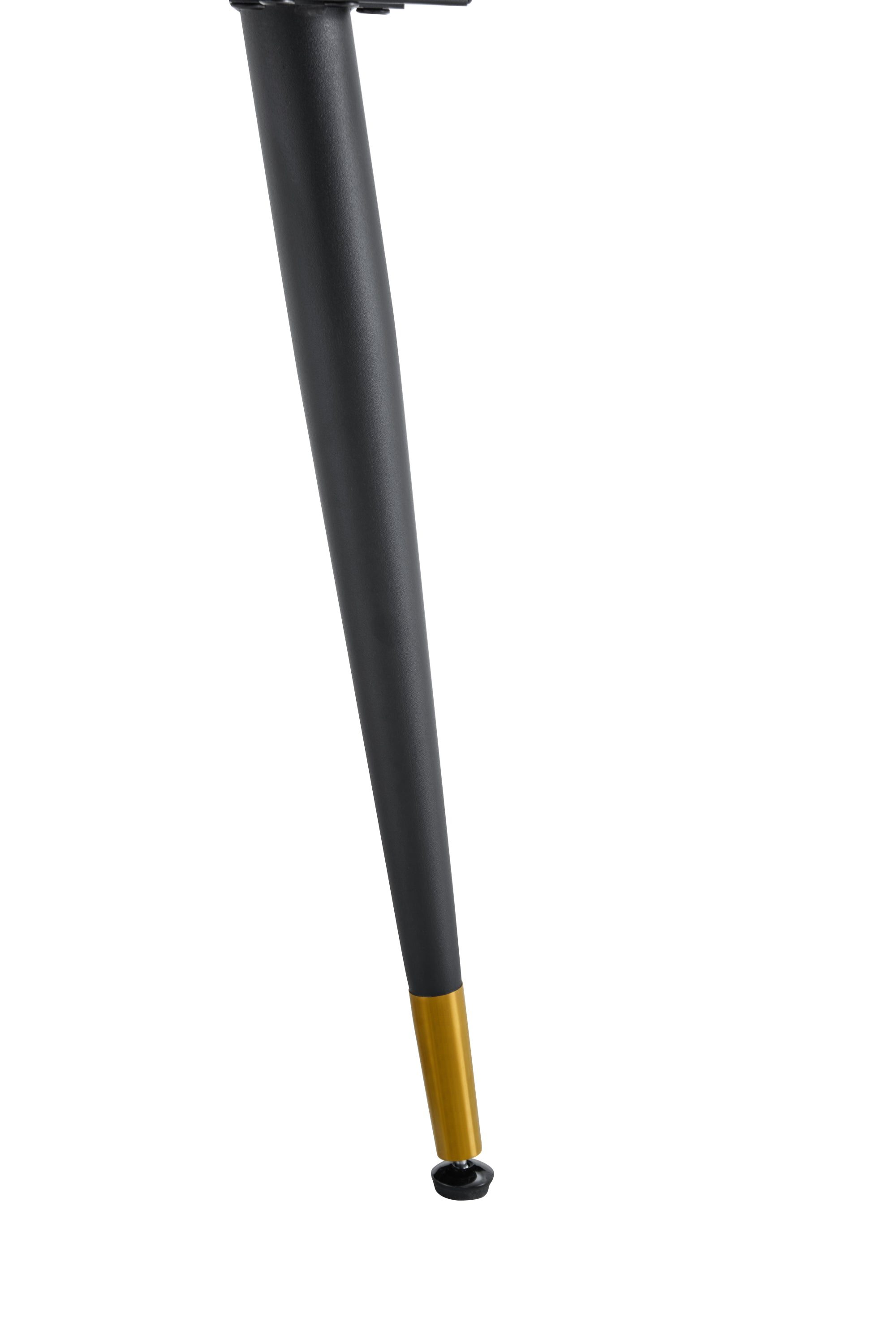 Full-length view of a single black tapered leg with gold sleeve and glide