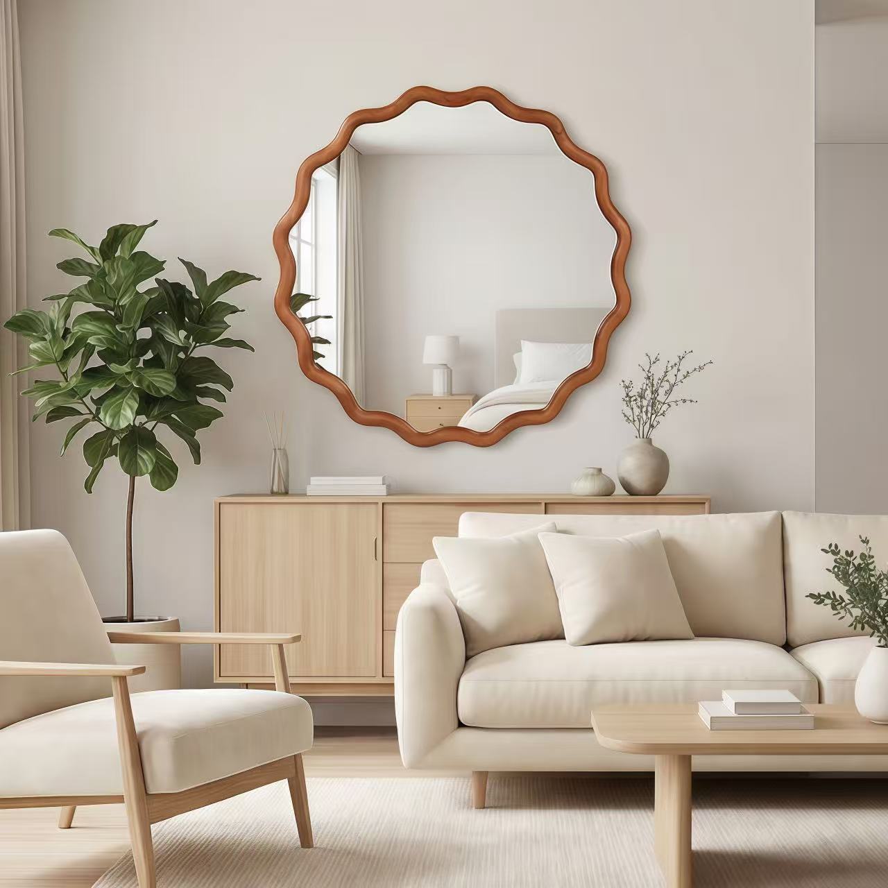24 Inch Wavy Mirror, Solid Wood Frame, Yellowish Brown