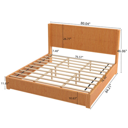 Dimension diagram of natural wood king floor bed frame, 80.04"W x 84.21"L