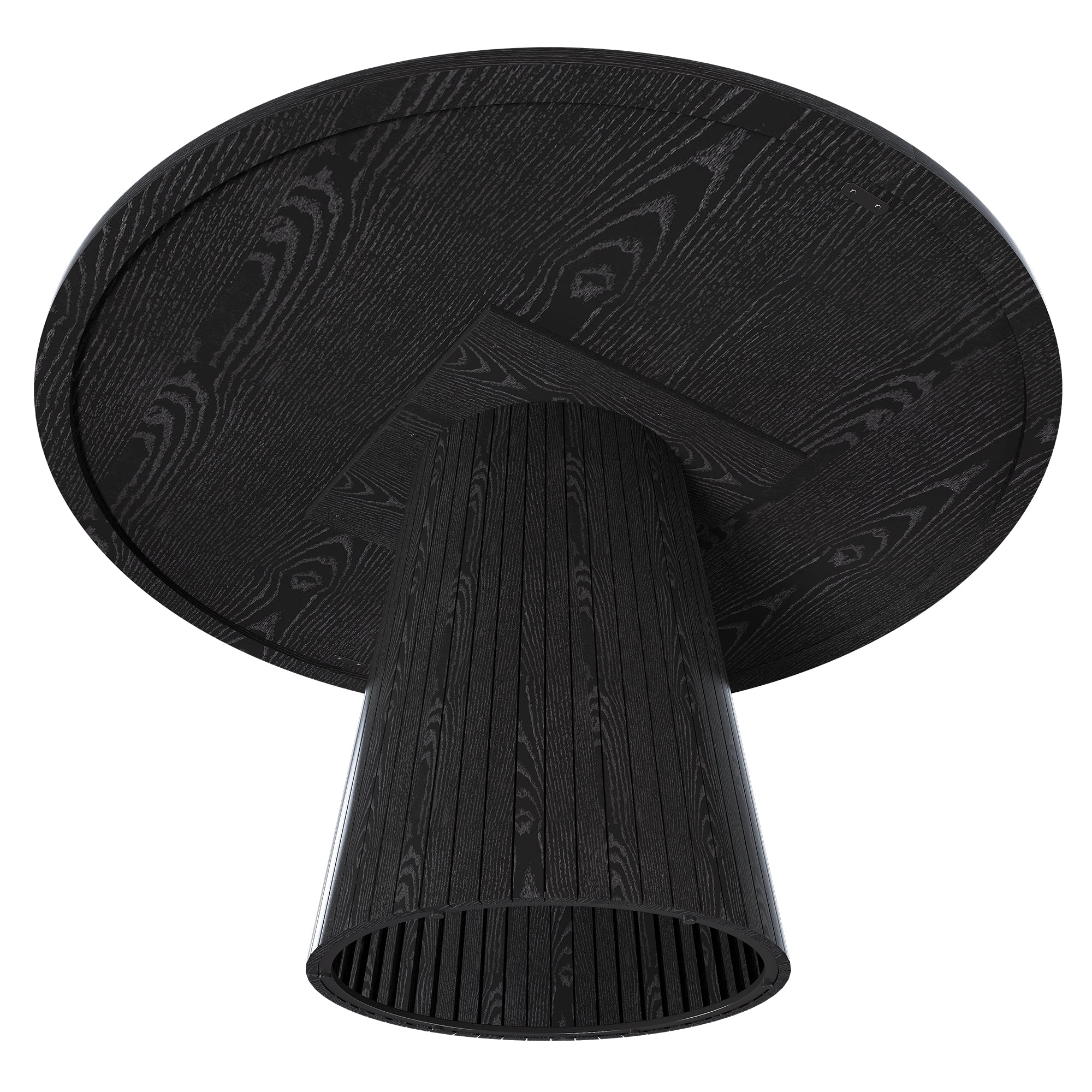 Underside three-quarter view of the black round dining table showing the hollow conical base