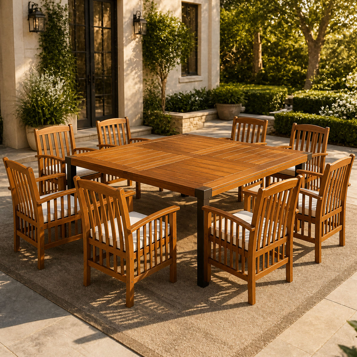 Teak Finish Solid Wood 9-Piece Patio Dining Set for 8 with Cushions