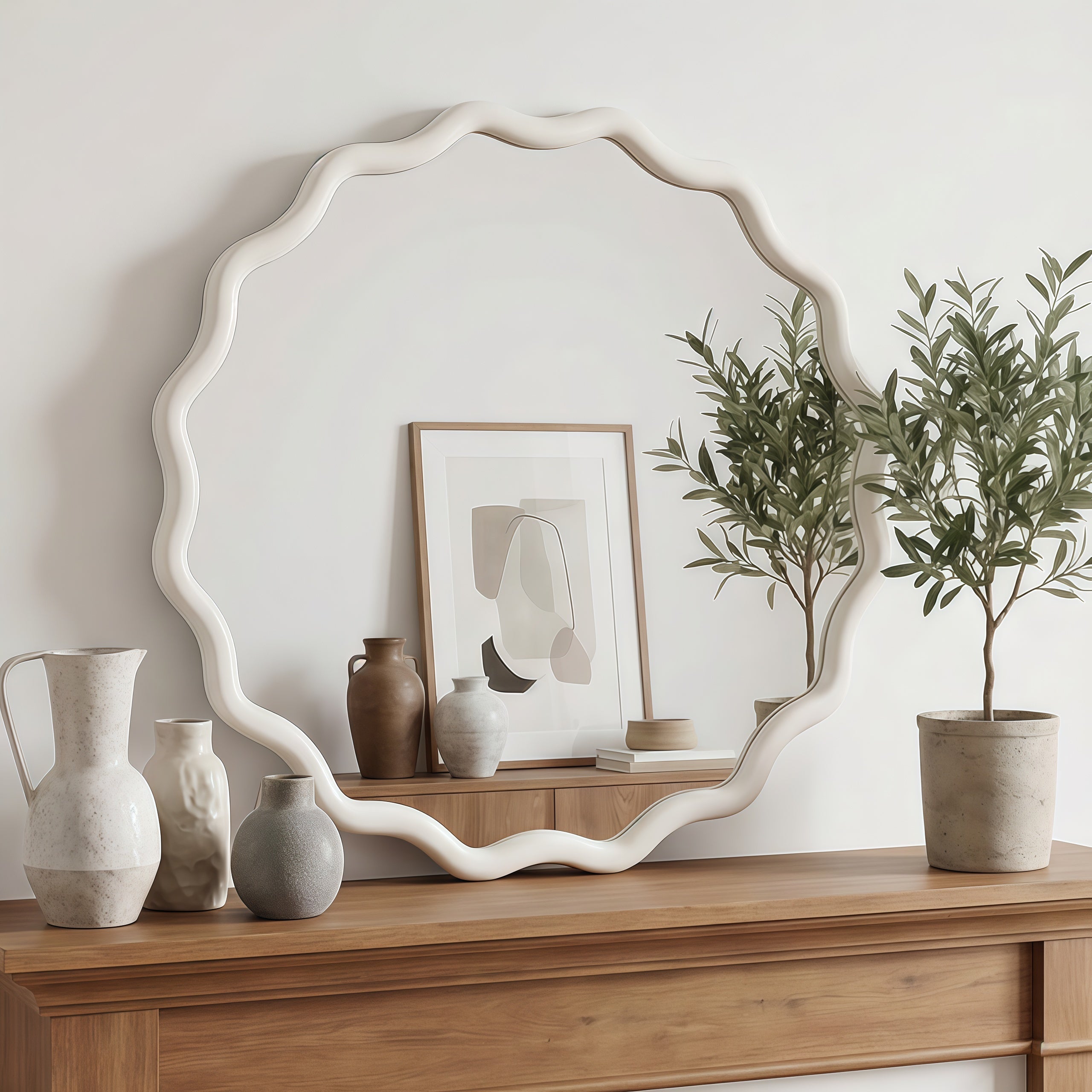 24 Inch Round Wall Mirror, White Solid Wood Frame