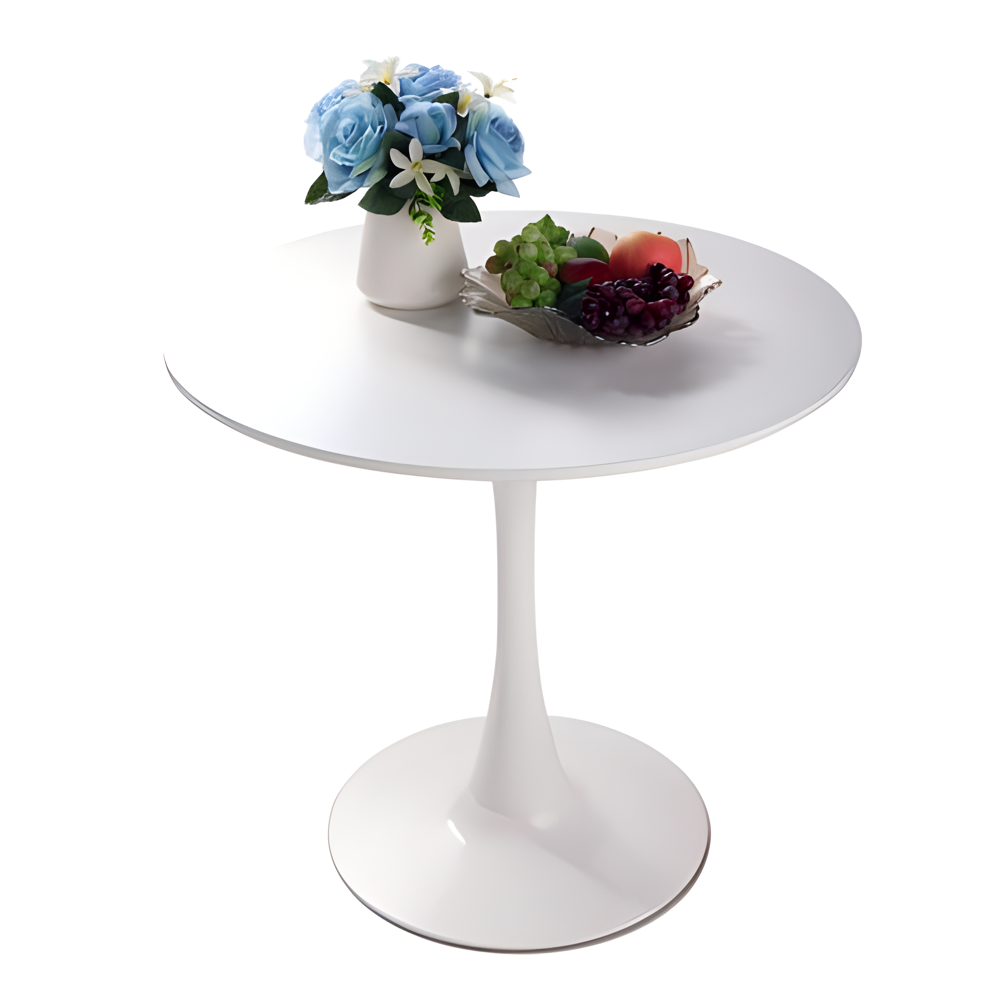 White round tulip dining table on a white background styled with blue flowers and a fruit bowl
