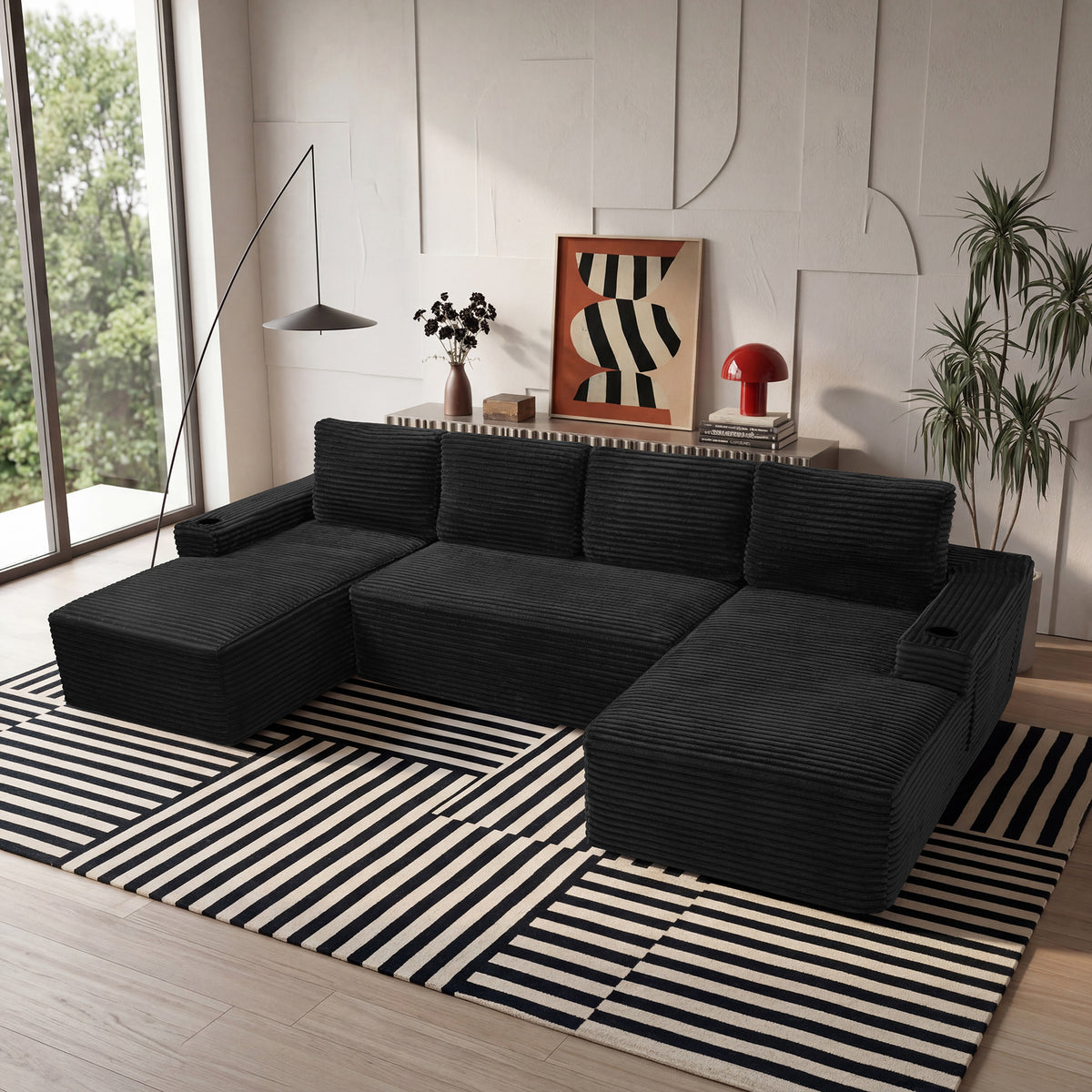 Black Corduroy U-Shaped Modular Sectional Couch, 133.4 in Wide