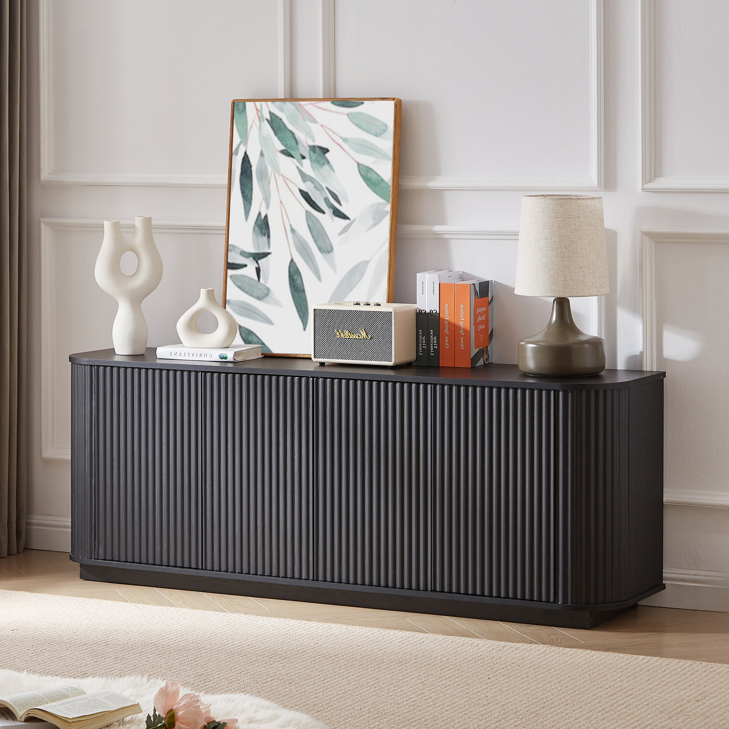 Black Fluted Sideboard, 64 in, Wave-Pattern 4-Door TV Console