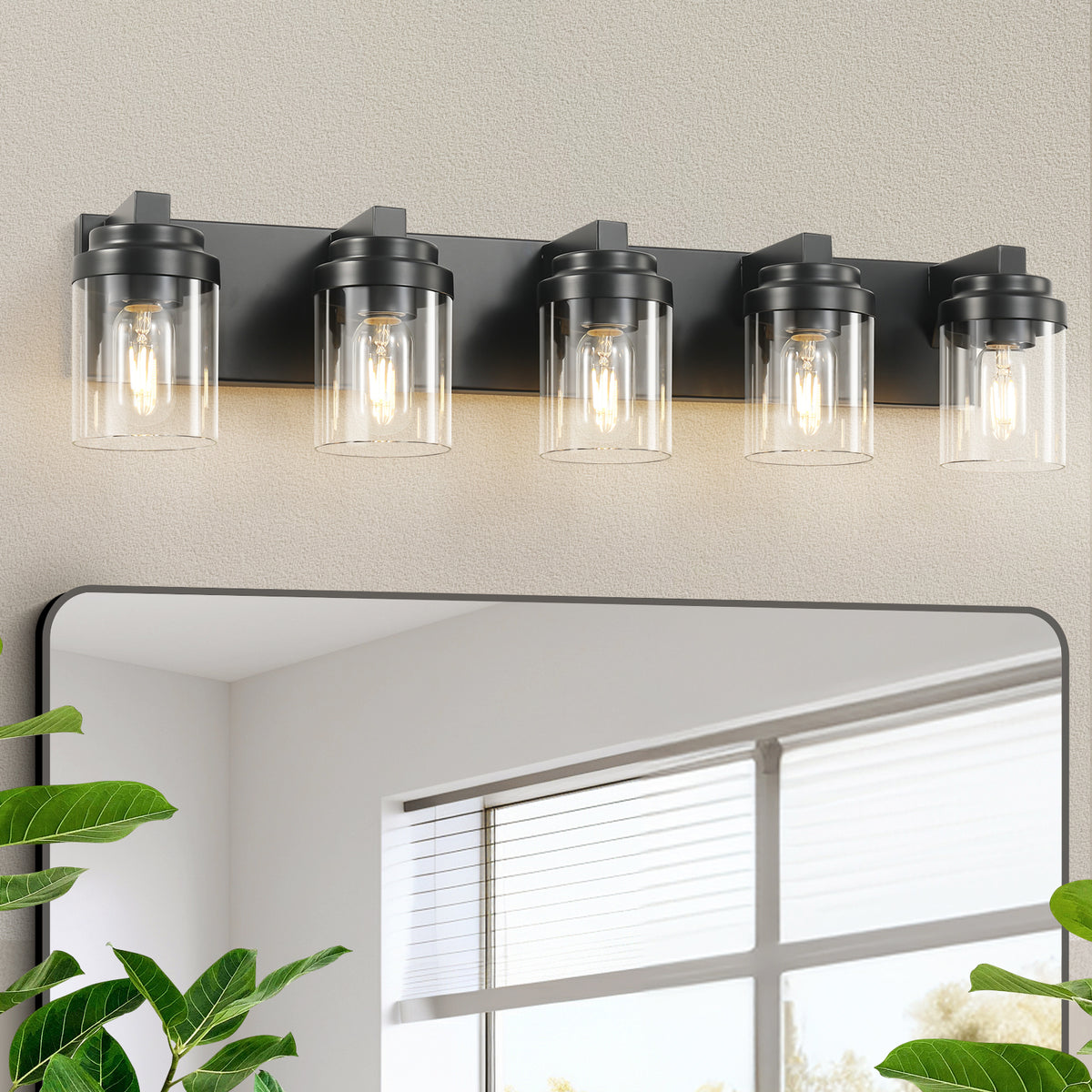 Vanity Light with 5 Lights, Glass Shades, Dimmable, Black