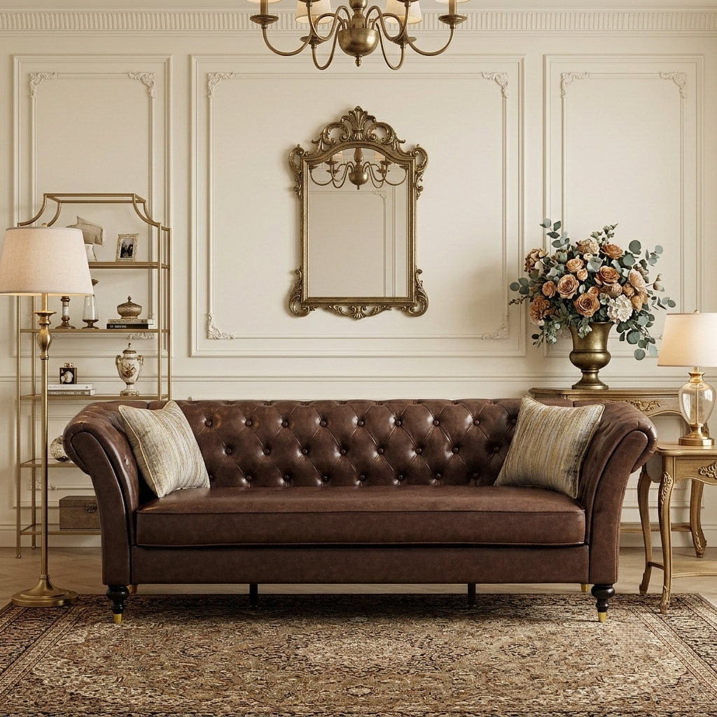 Brown Vegan Leather 3-Seat Tufted Chesterfield Sofa, 88.5 in Wide