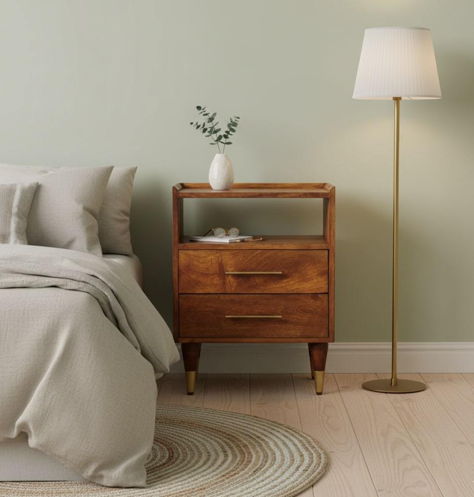 Chestnut Solid Mango Wood Nightstand, 2 Drawers