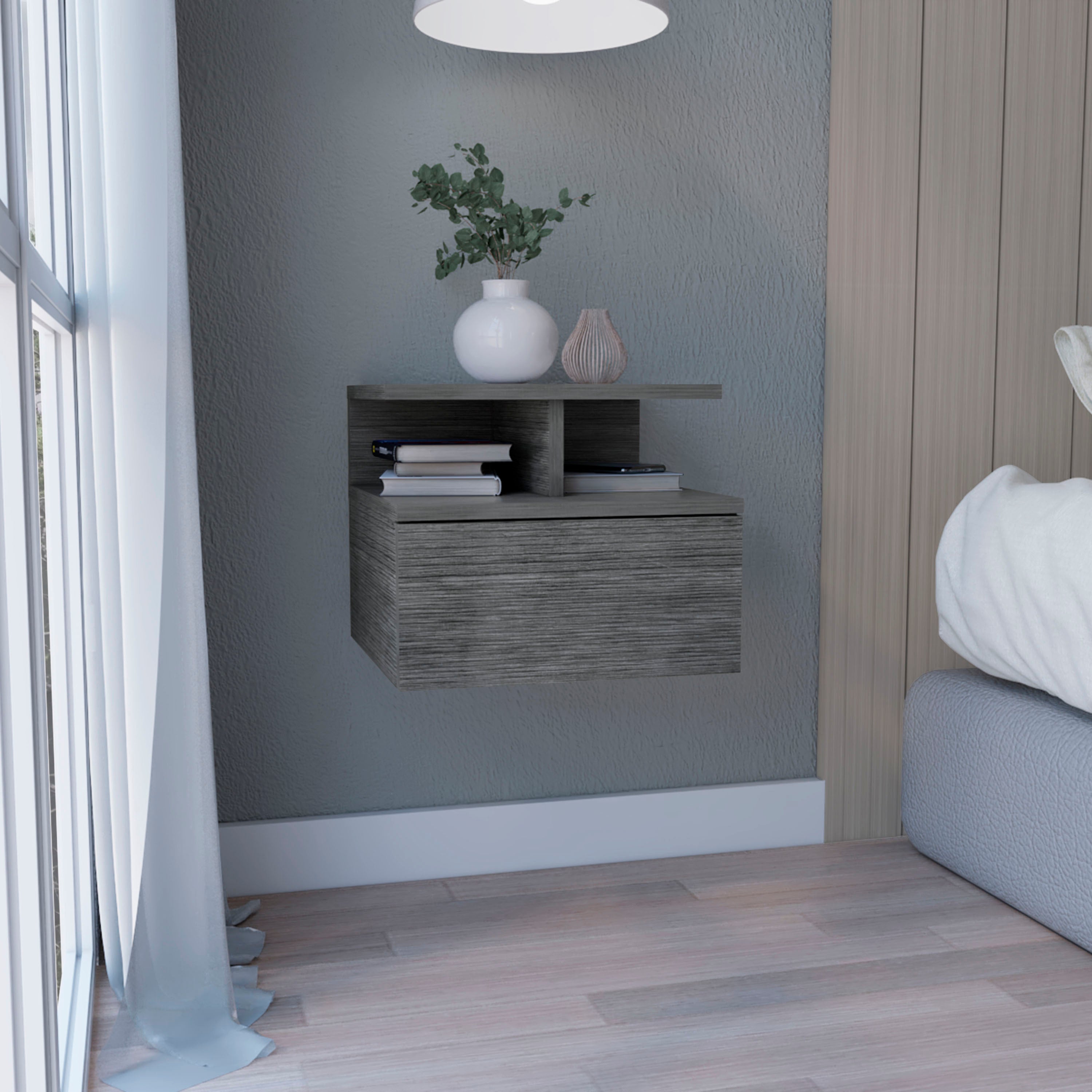 Oak Floating Nightstand with 2-Tier Shelf and Drawer
