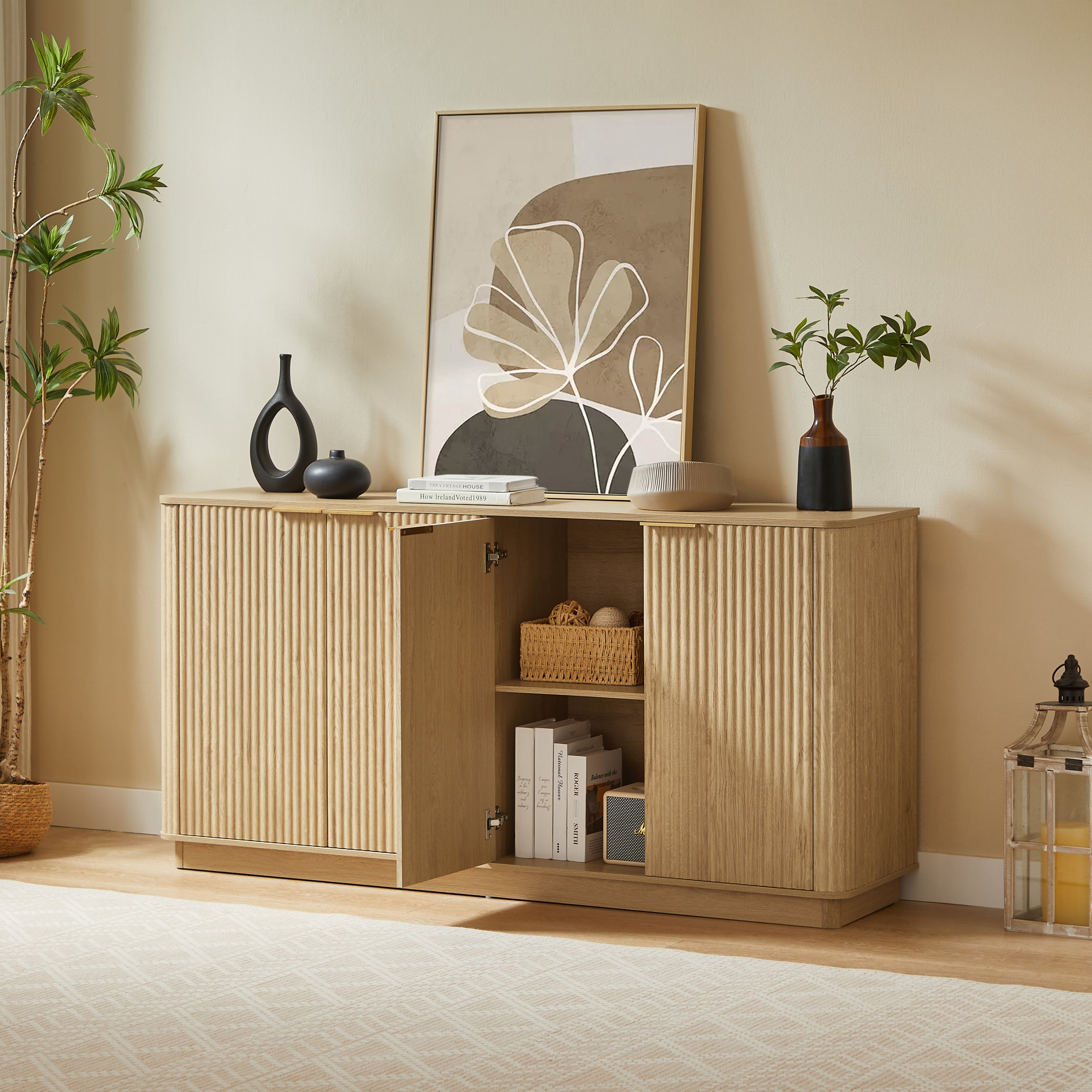 Fluted Oak Sideboard Buffet Cabinet, 63in 4-Door TV Stand