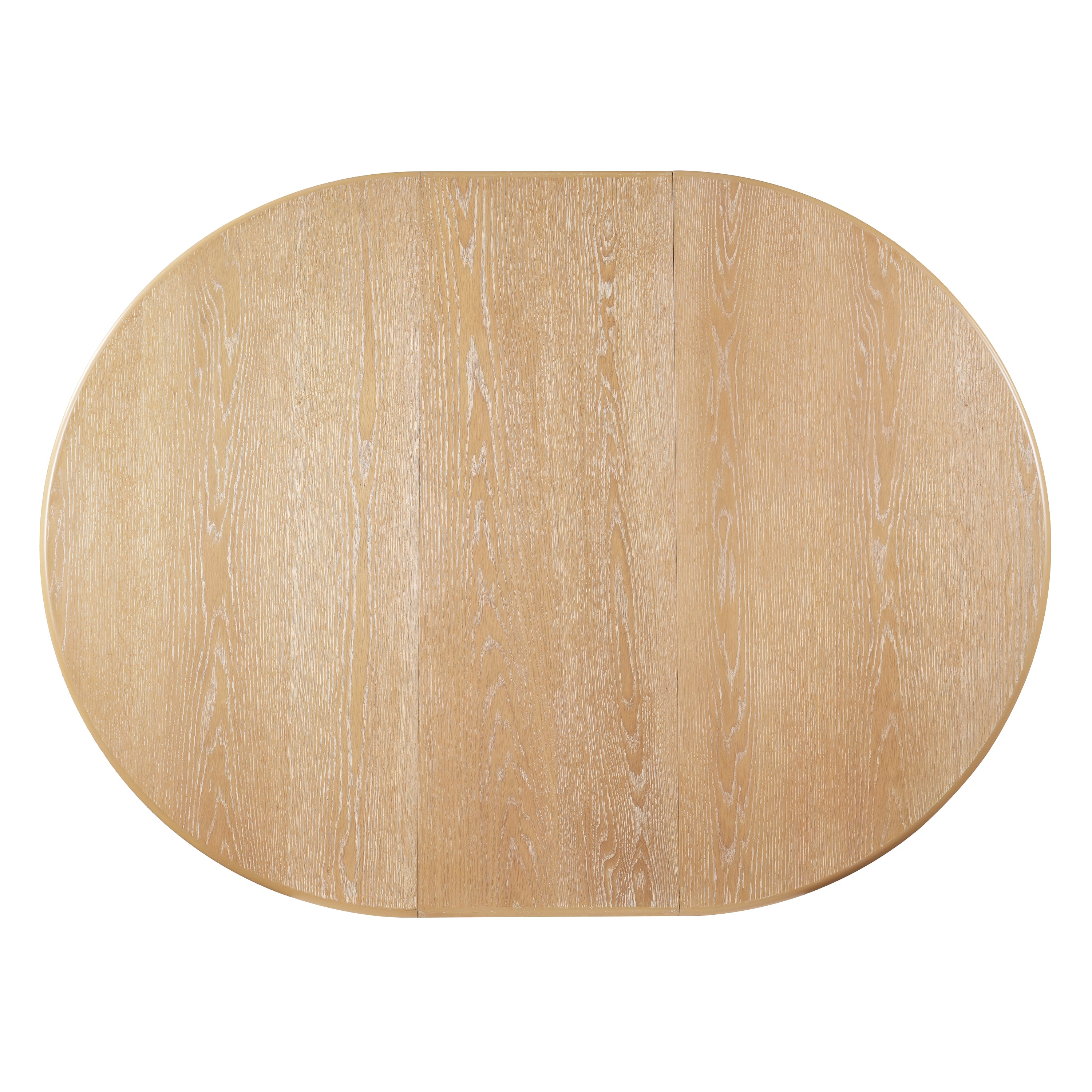 Overhead studio view of the extended oval oak tabletop grain