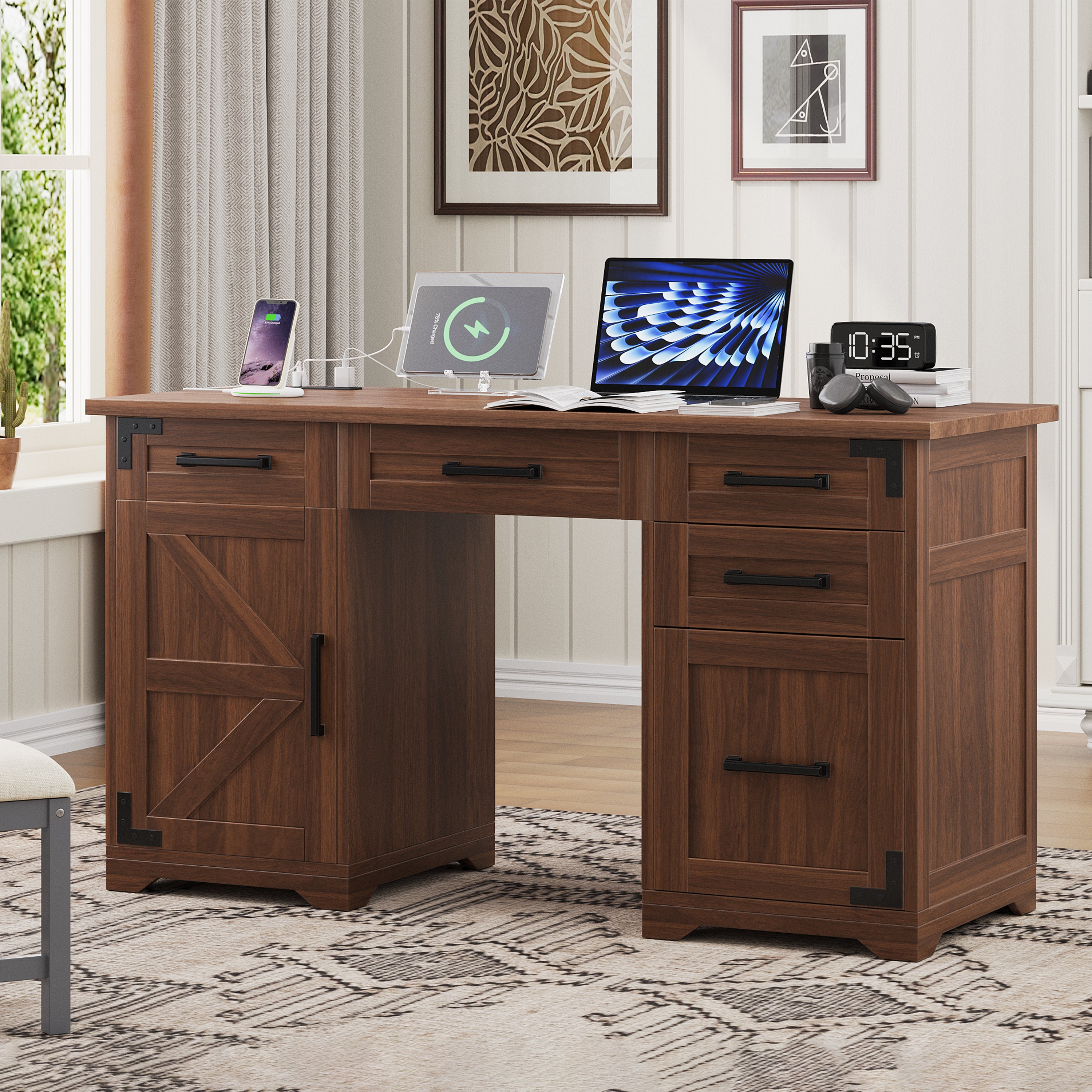 Farmhouse Executive Desk with Charging Station and Drawers, 55.1 in, Walnut