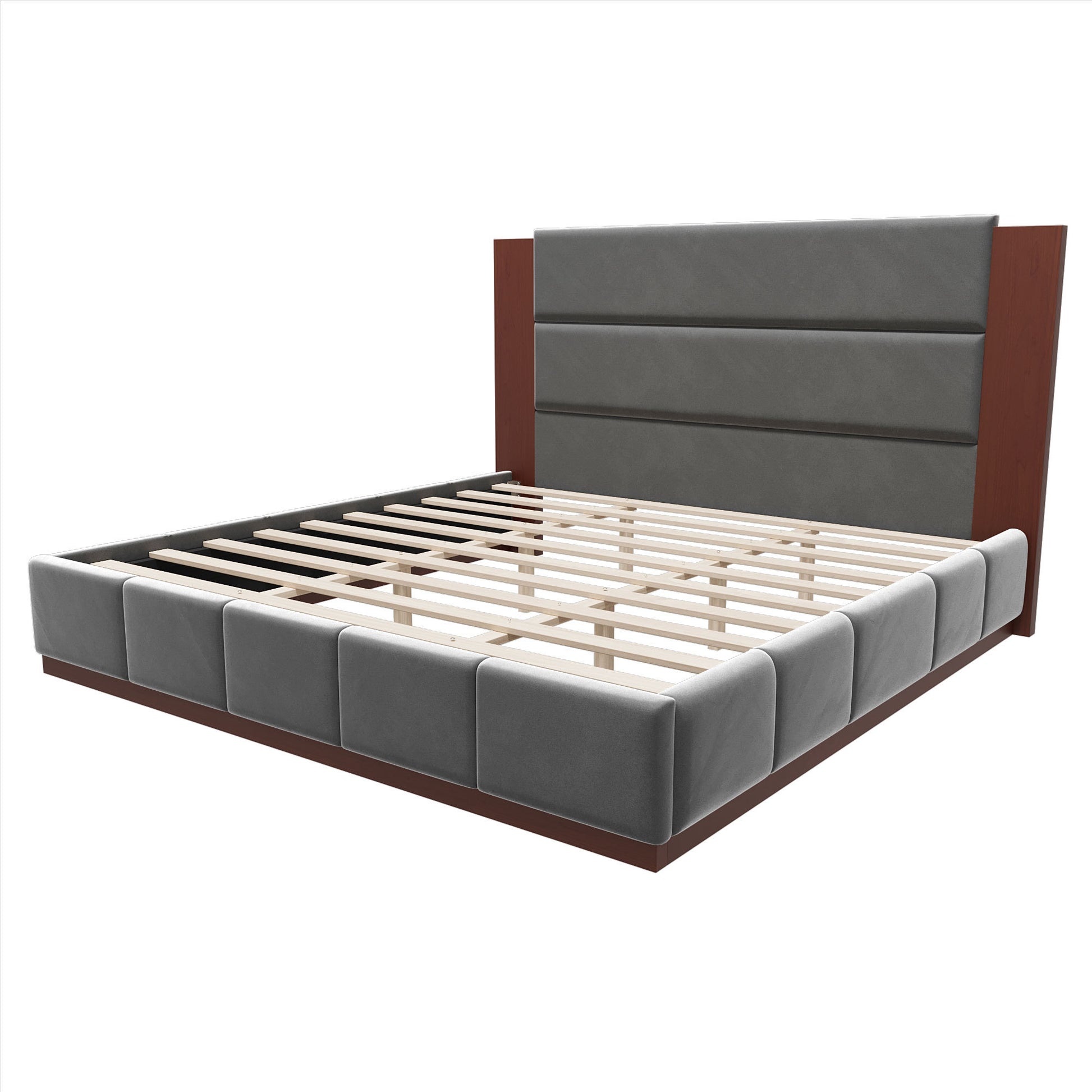 Grey velvet wooden king bed frame with extended wood-edged headboard, angled view