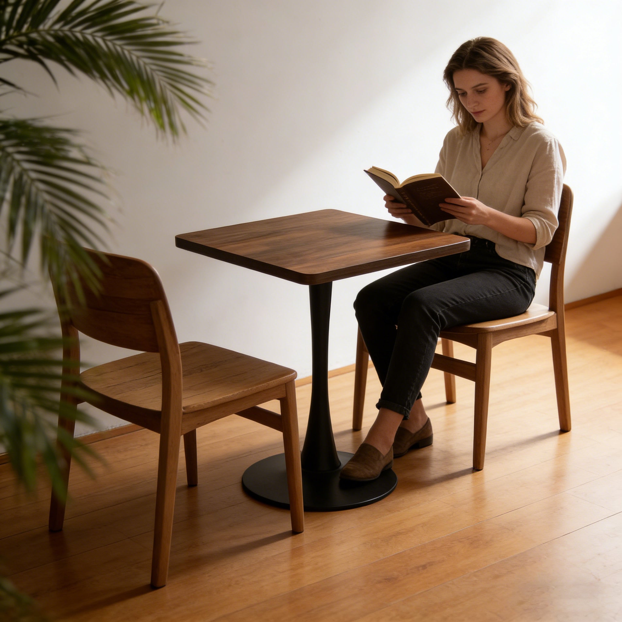 Woman reading a book seated at the walnut square tulip bistro table with an empty wood chair in a sunlit corner