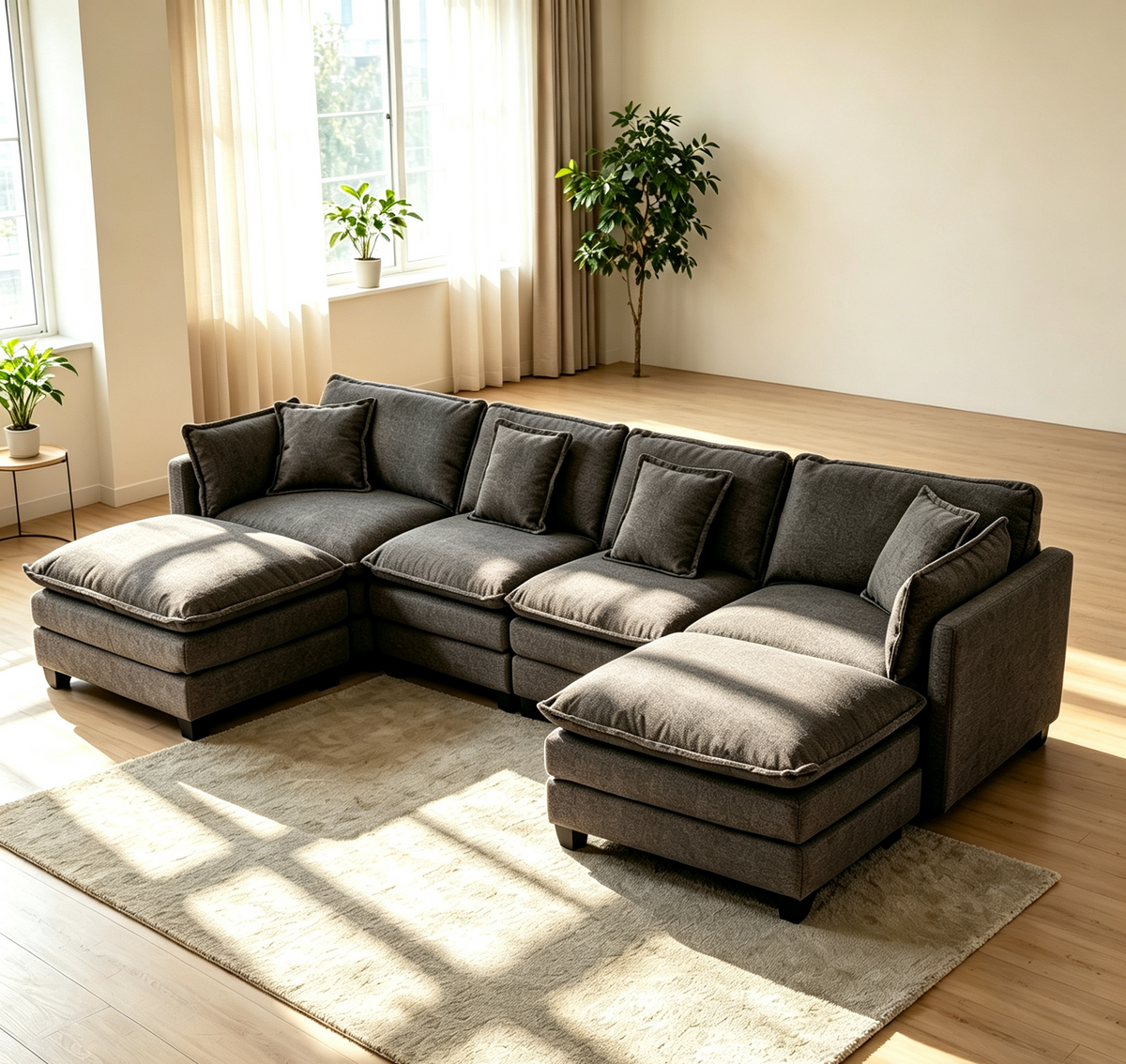 Gray Chenille Modular Sectional Couch with 2 Ottomans, 149.6 in Wide