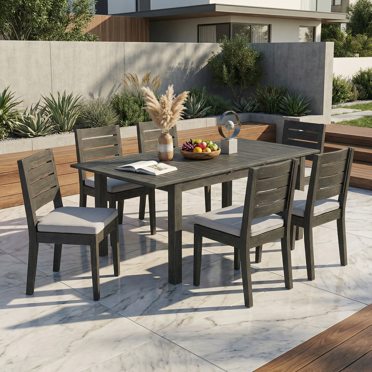 Dark Gray Solid Wood 7-Piece Patio Dining Set for 6 with Cushions