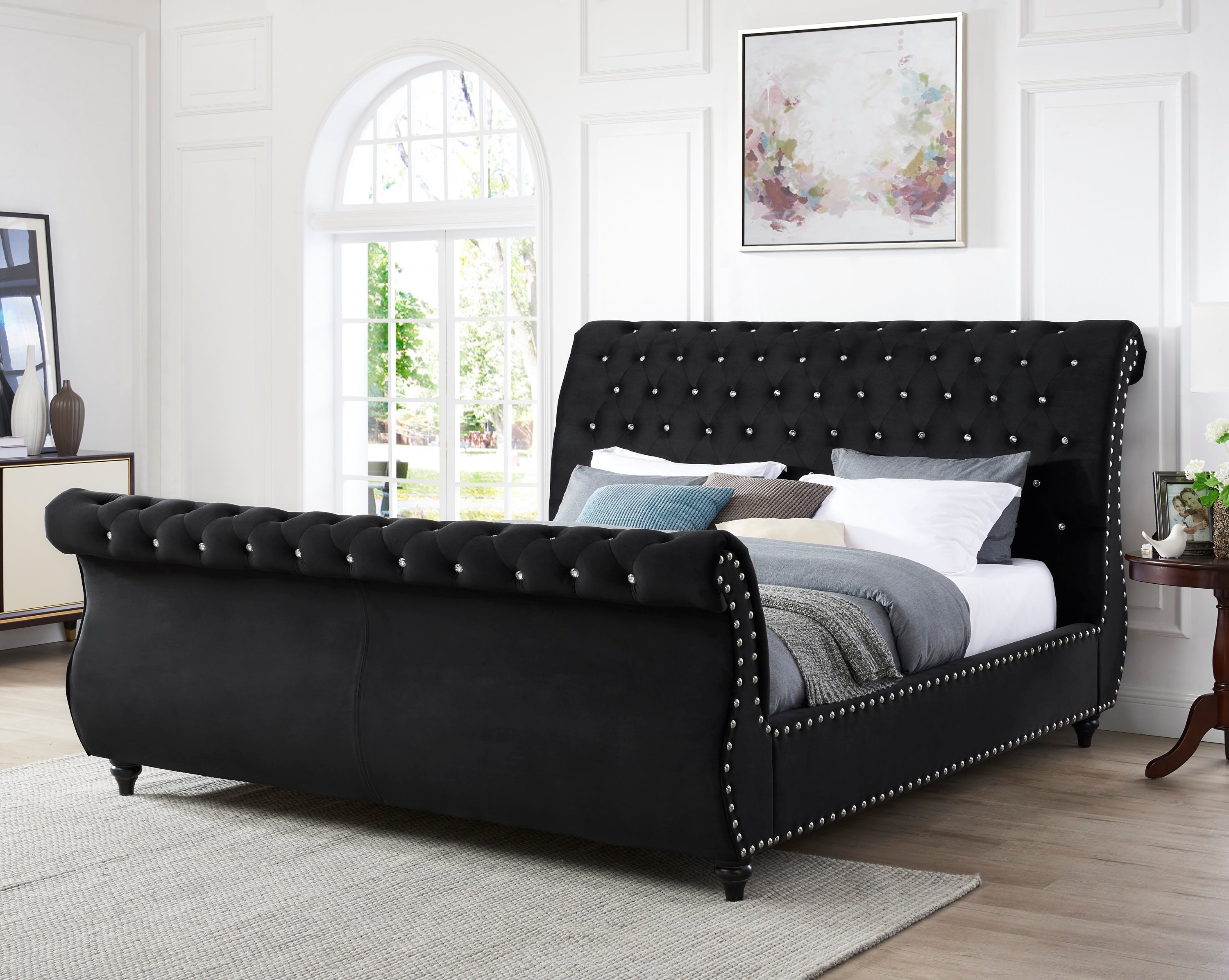Queen Sleigh Bed, Black Velvet Button Tufted Upholstery