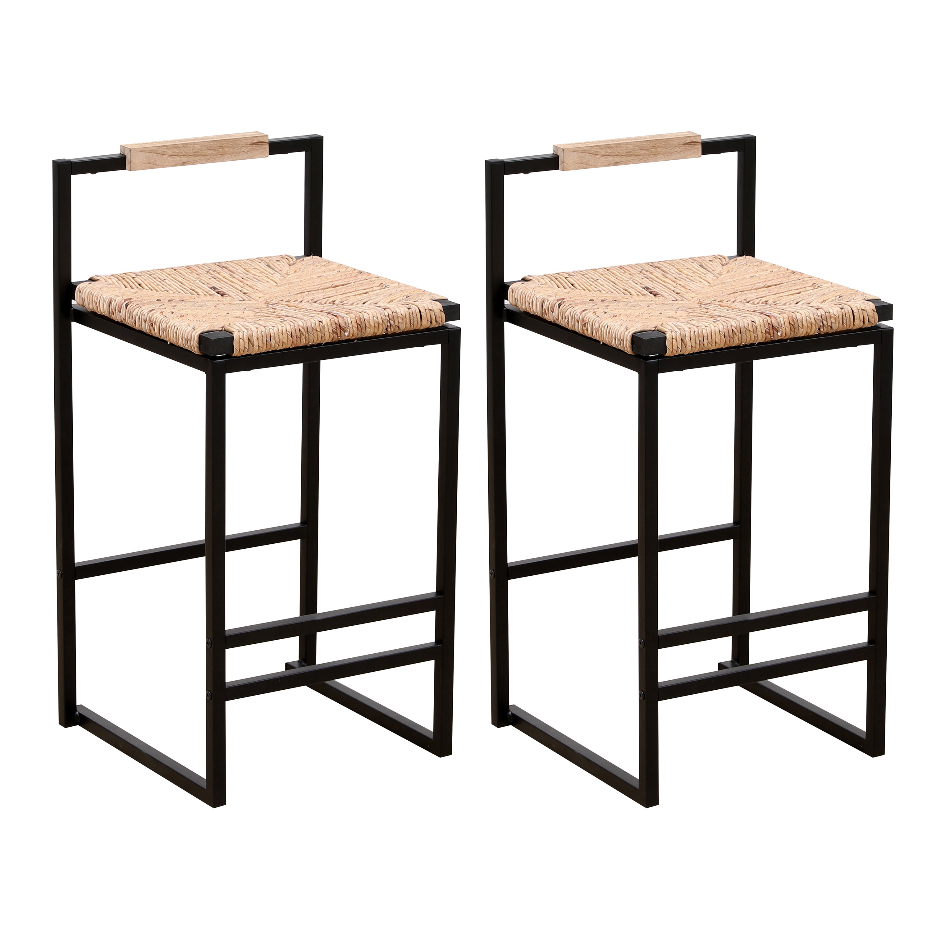 Counter Stool Set of 2, Water Hyacinth Seat with Black Metal Frame