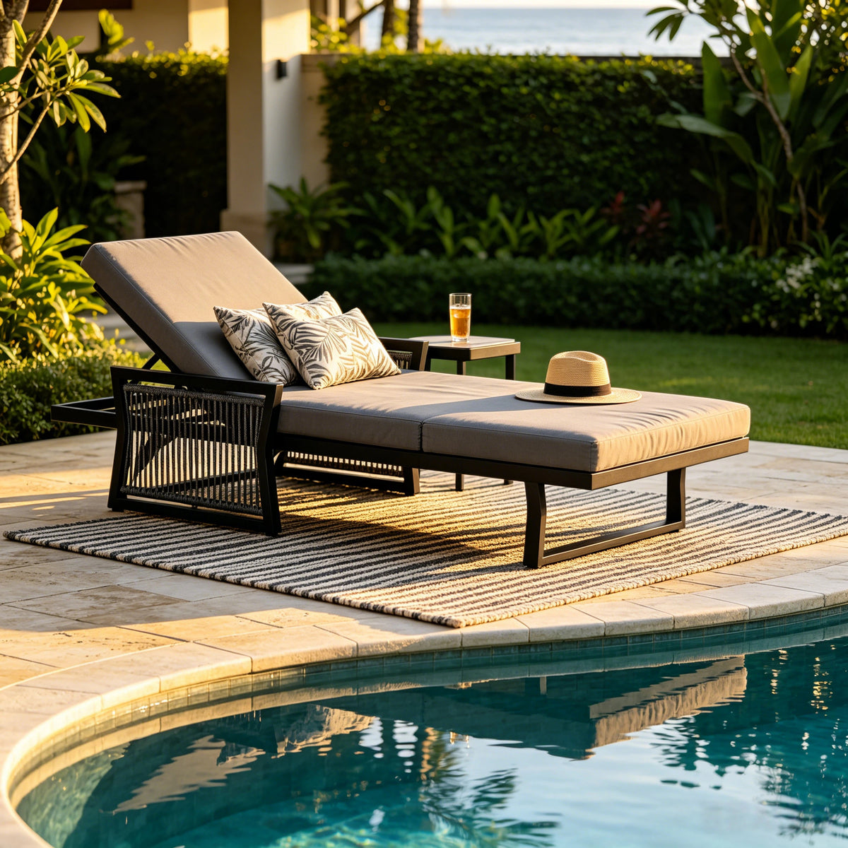 Black Metal Adjustable Outdoor Chaise Lounge, Dark Gray Cushion, 3-Fold Cushion