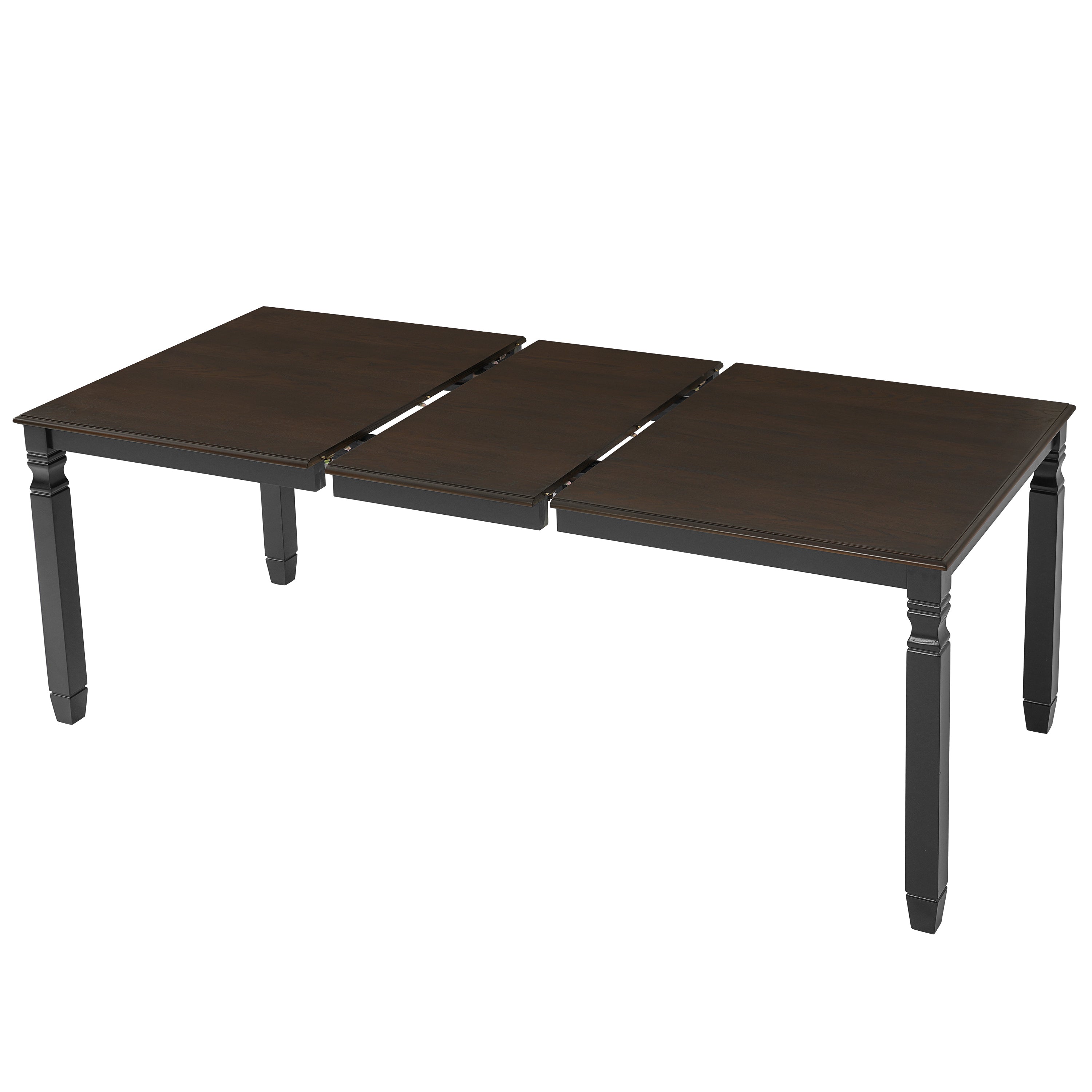 Espresso farmhouse dining table pulled apart into three panels, extension open, plain white background