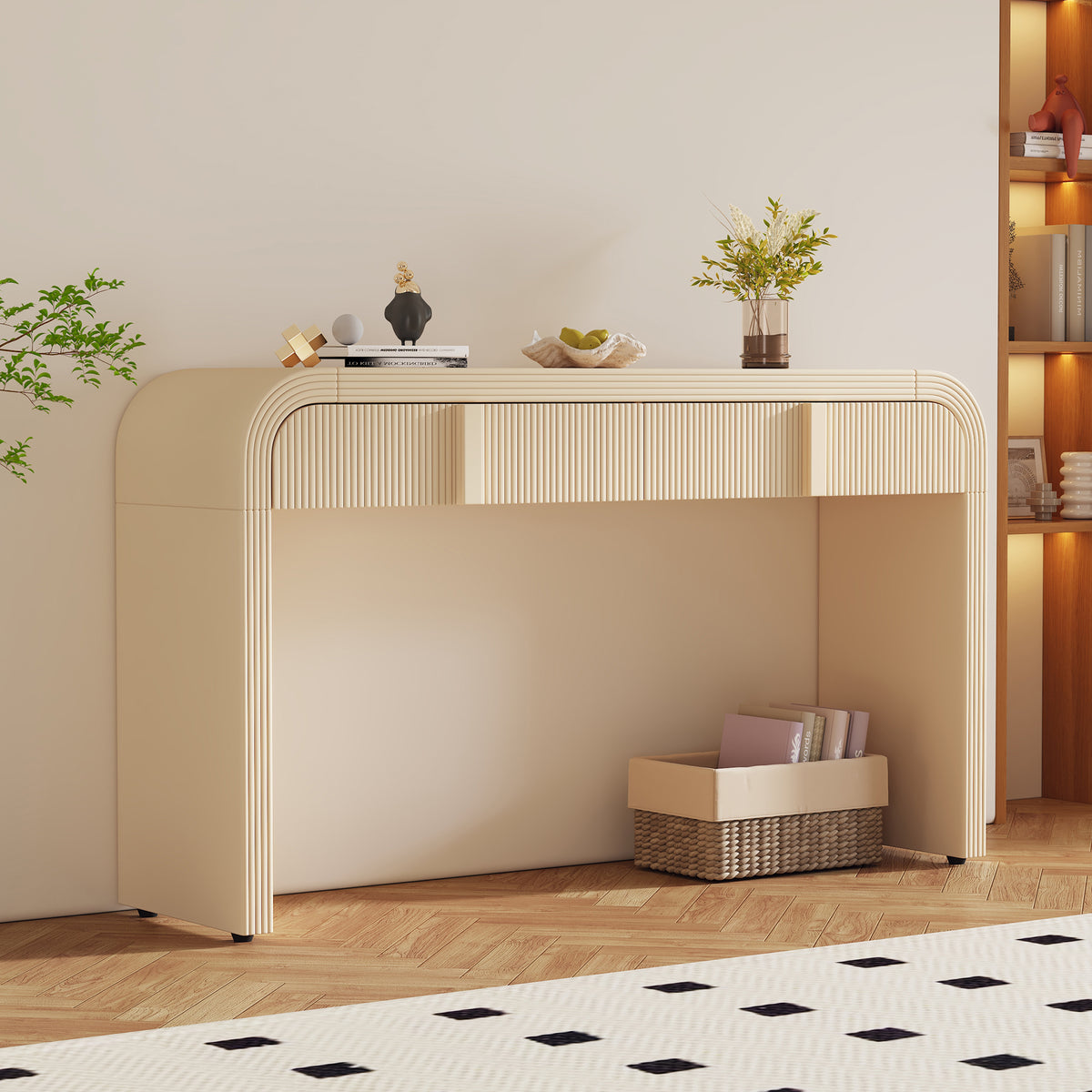 Cream Fluted Entryway Console Table with Storage, 55 in Wide