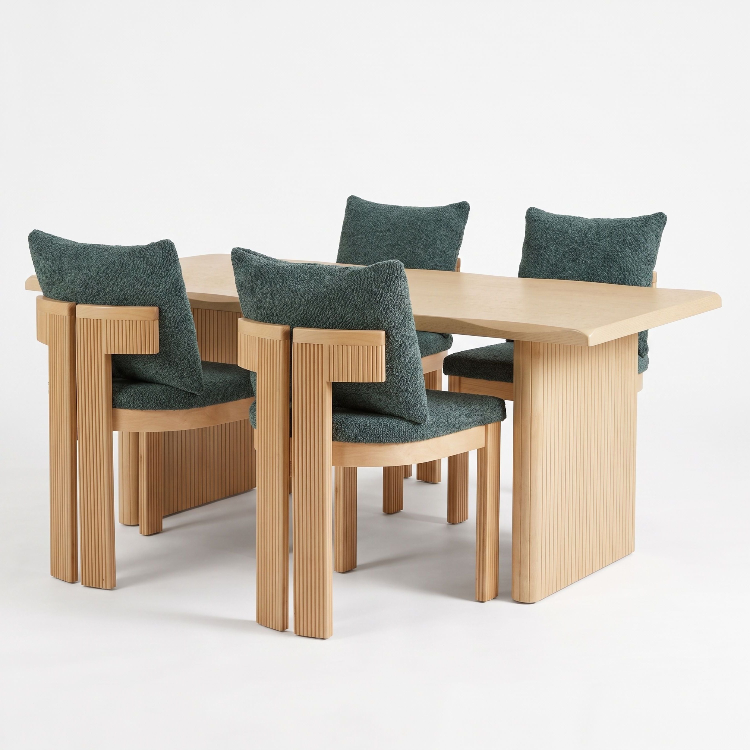 5-Piece Dining Set, Fluted Wood Table and 4 Green Boucle Chairs