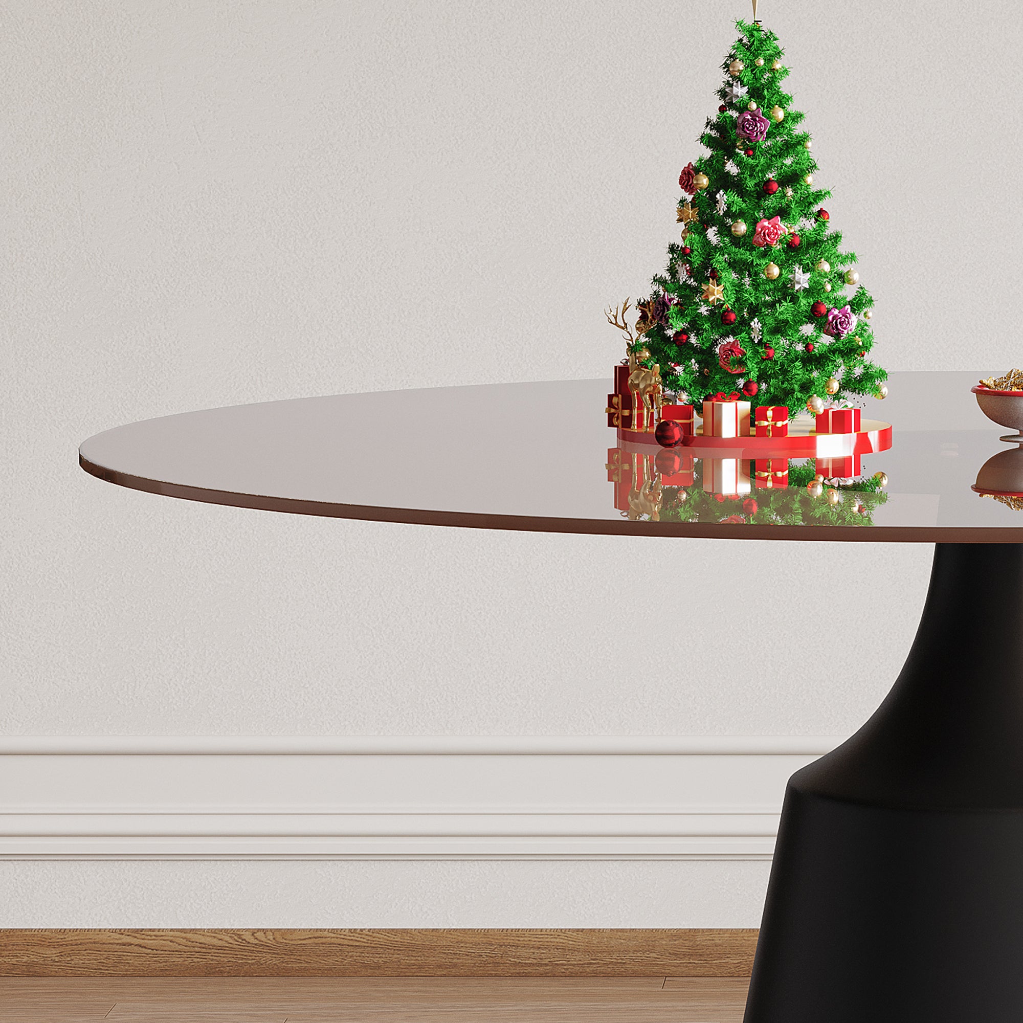 Close-up of the brown tinted glass tabletop edge with holiday decor