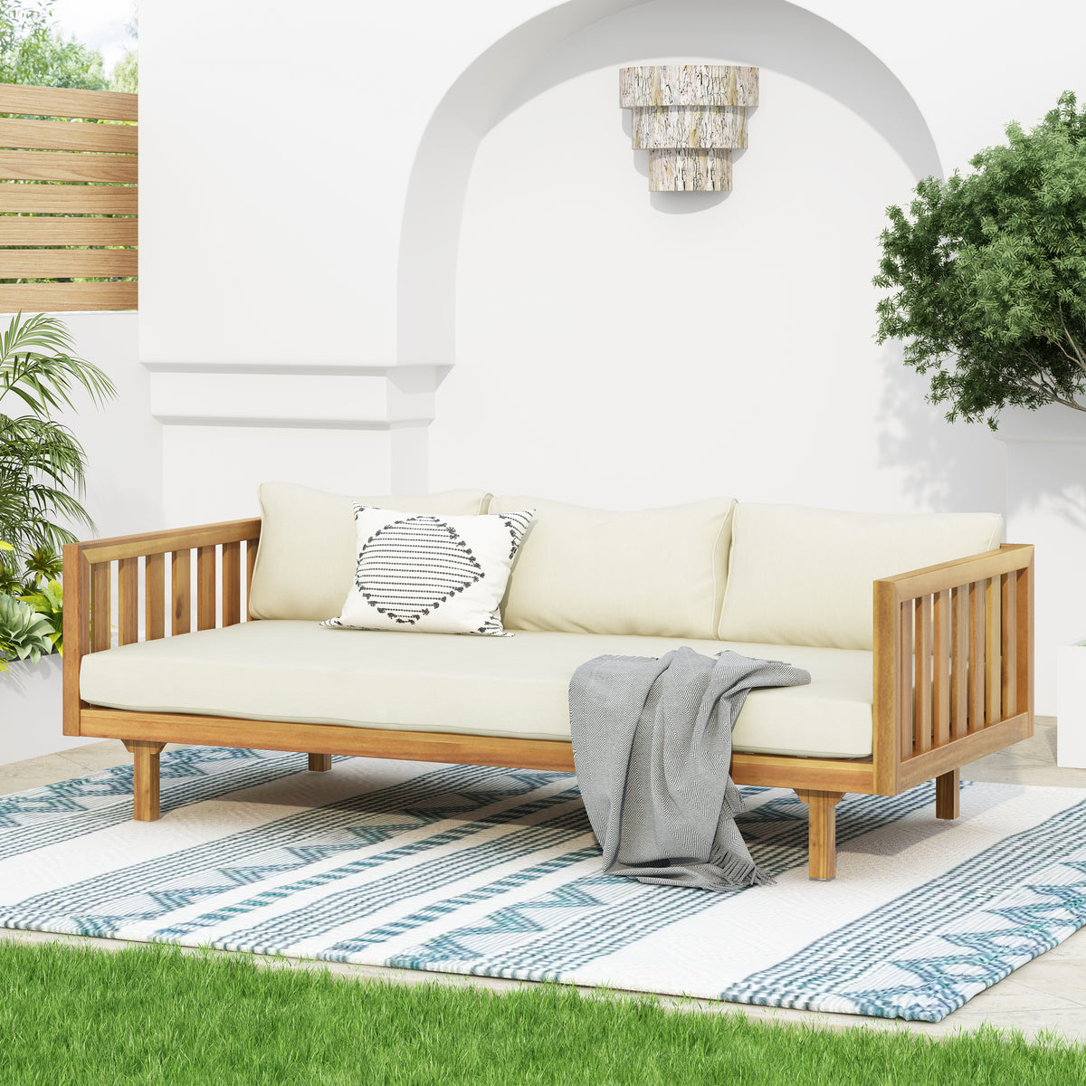 Teak Finish Solid Wood Outdoor Daybed with Cushions, 24.3 in Tall