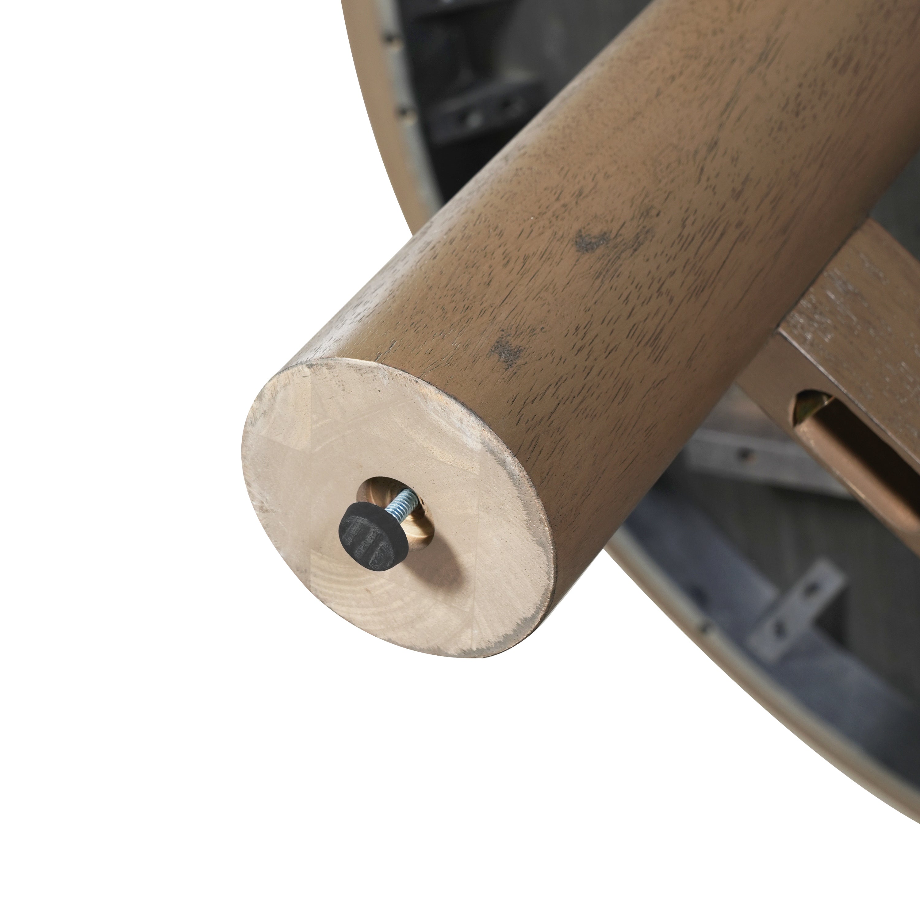 Close-up of a leg end showing the black rubber-tipped adjustable glide