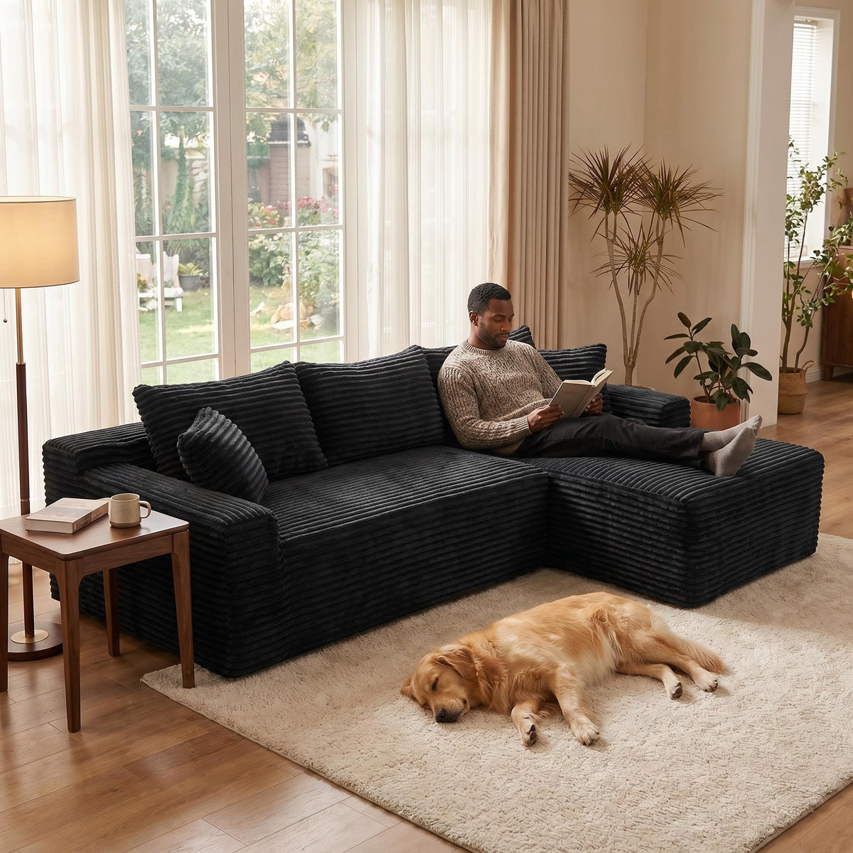 Black Corduroy L-Shaped Modular Sectional, 106.3 in Wide, Right-Facing