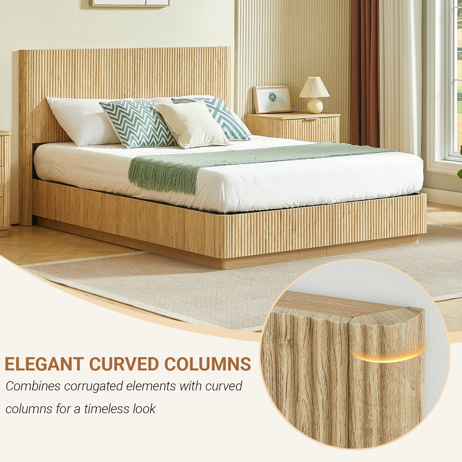 Angled light oak fluted queen bed with inset closeup of a curved column corner and LED strip #Color_Oak