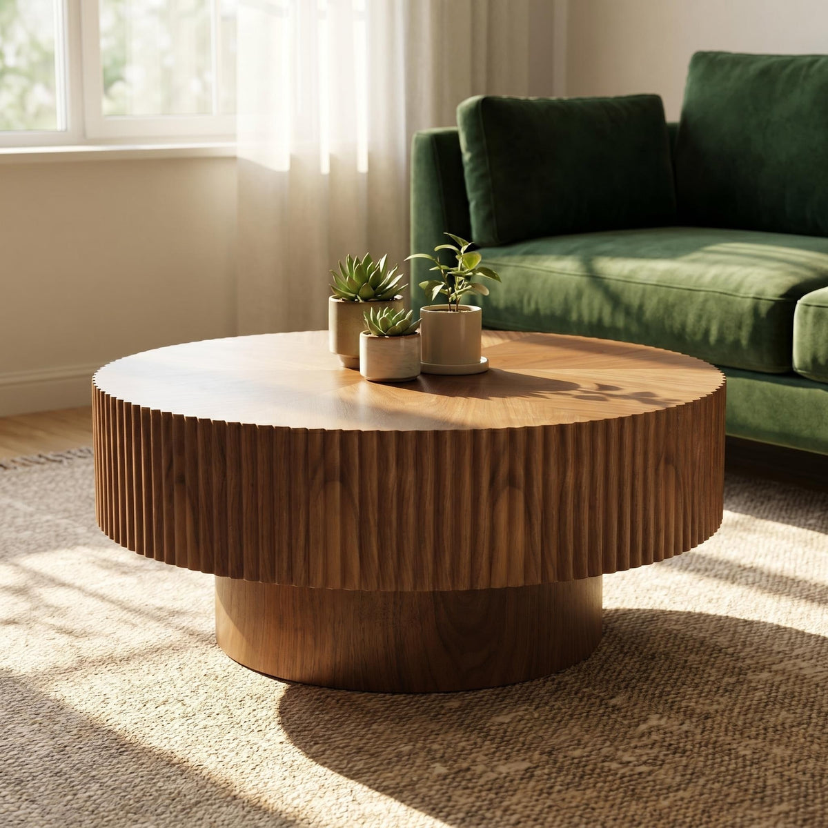 Walnut Round Coffee Table, 31.5 in, Fluted Drum