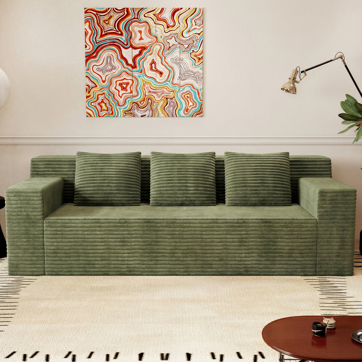 Green Corduroy 3-Seat Couch, No Assembly, 71 in Wide