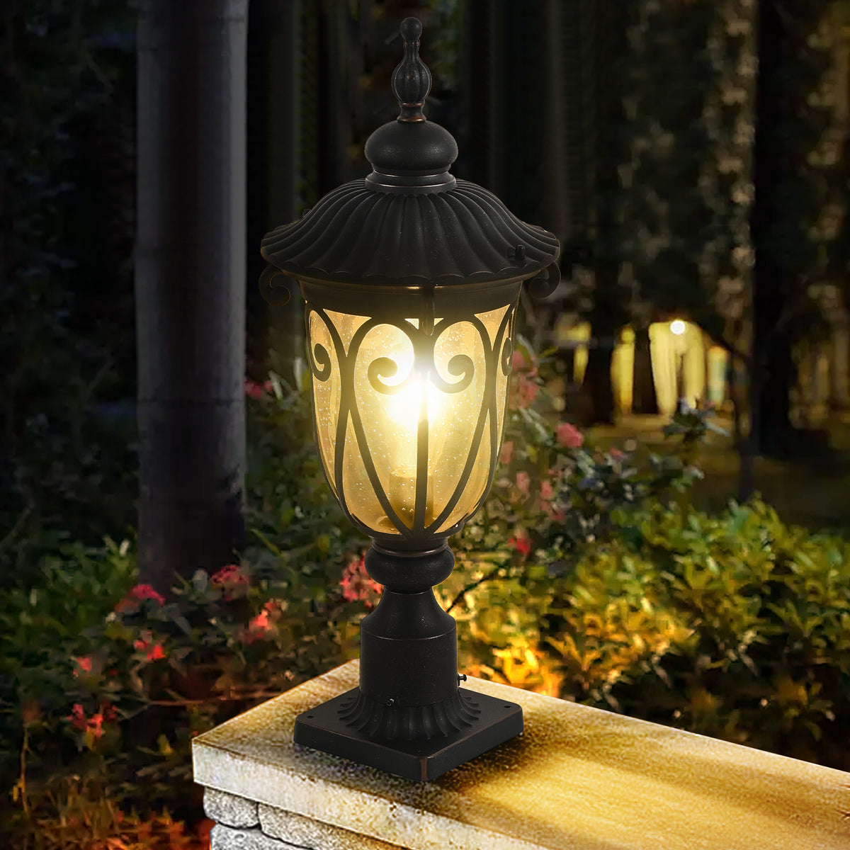 Outdoor Post Light, Aluminum Lantern with Clear Glass, Black