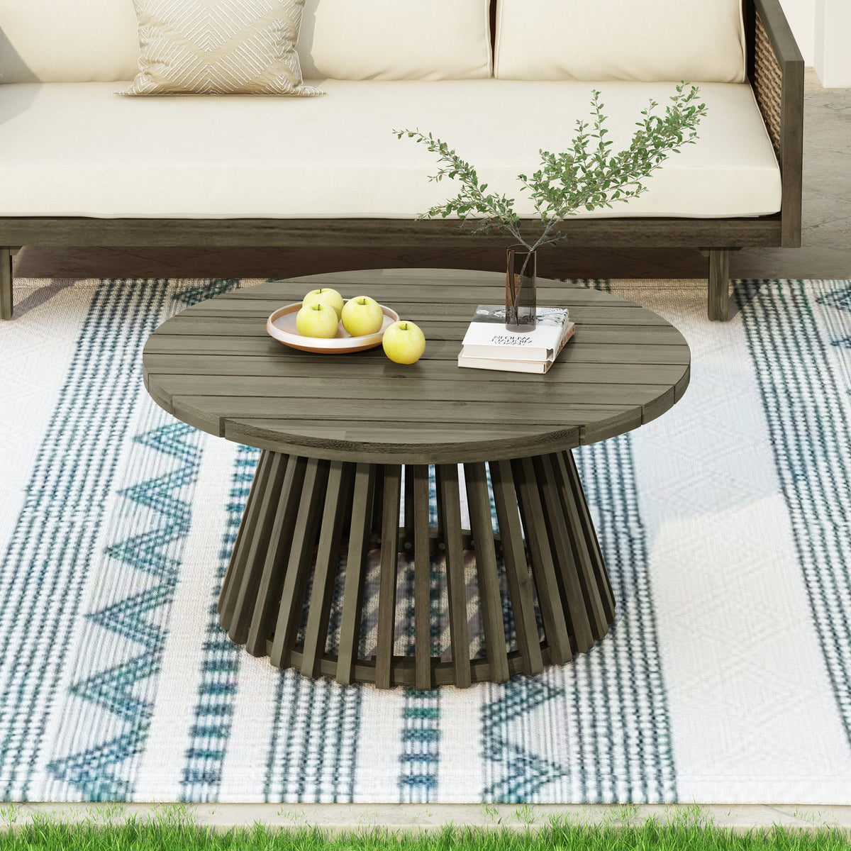 Gray Solid Wood Round Outdoor Coffee Table, 31.5 in Wide