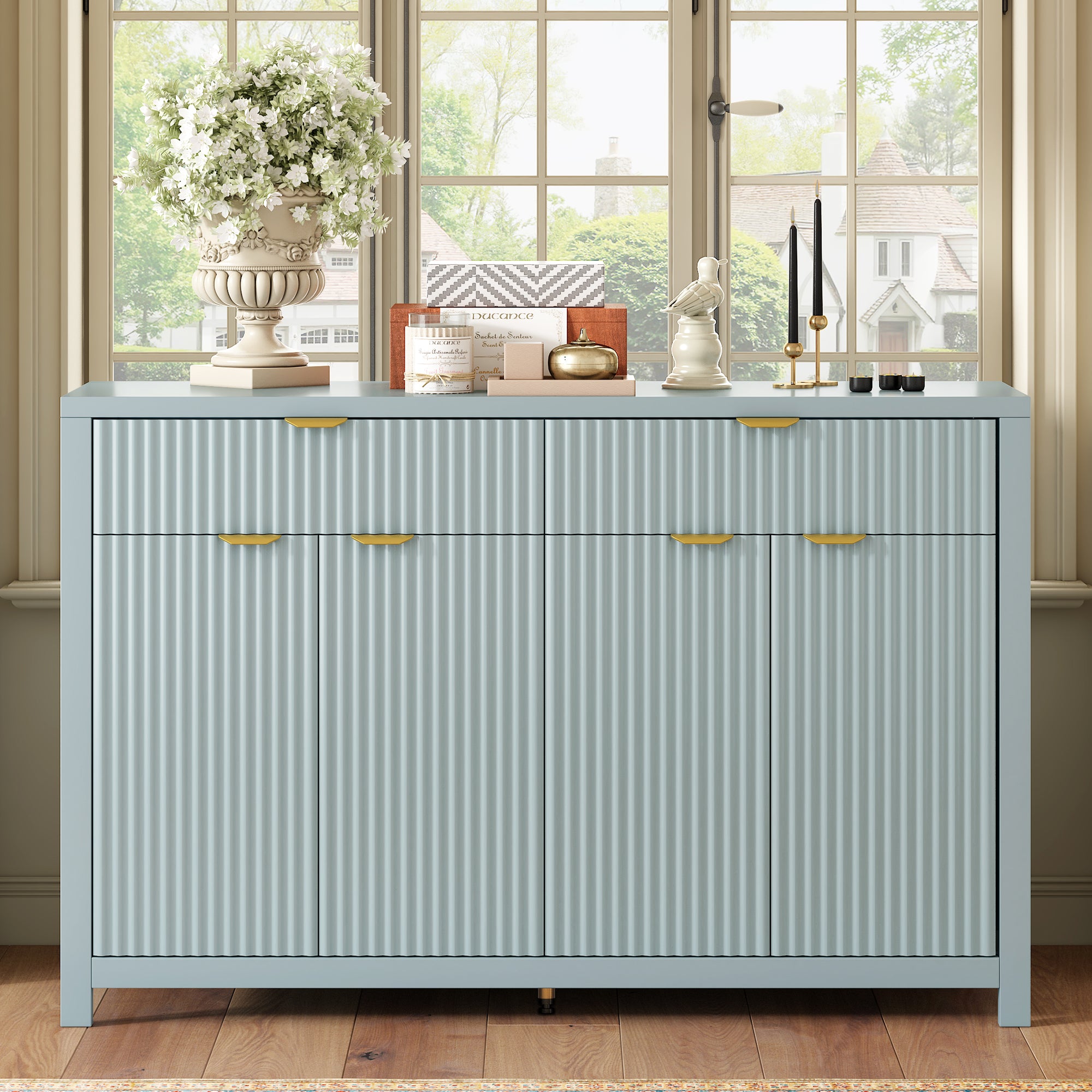 Fluted Sideboard Buffet, Light Blue 55'' with 2 Drawers & 4 Doors